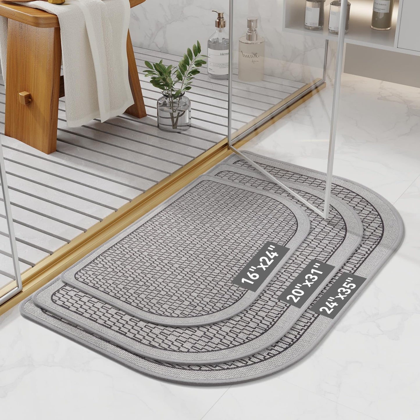 YDKGL Ultra Thin Bathroom Rugs Mat Quick Dry Absorbent Non Slip Bath Mat Bath Mats for Bathtub Mat Bathroom Carpet Fit Under Door Washable Floor Rubber Half Round Bath Rugs Grey 16x24
