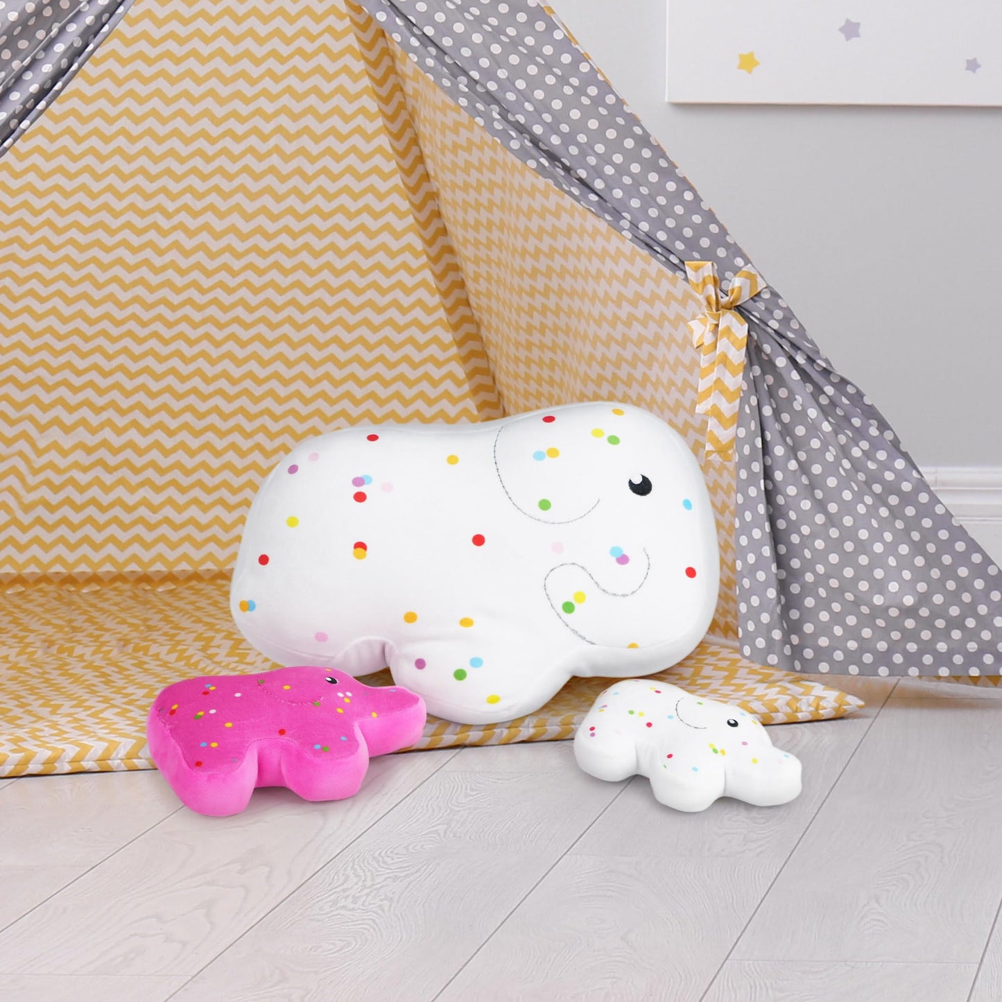 BenBen Cookies Plush Toys, 13.75”, 7.5” and 6.25” Cute Elephant Family Stuffed Animal, Kawaii Food Plushies, Fun Decorative Pillows for Room Décor, Set of 3, White and Hot Pink