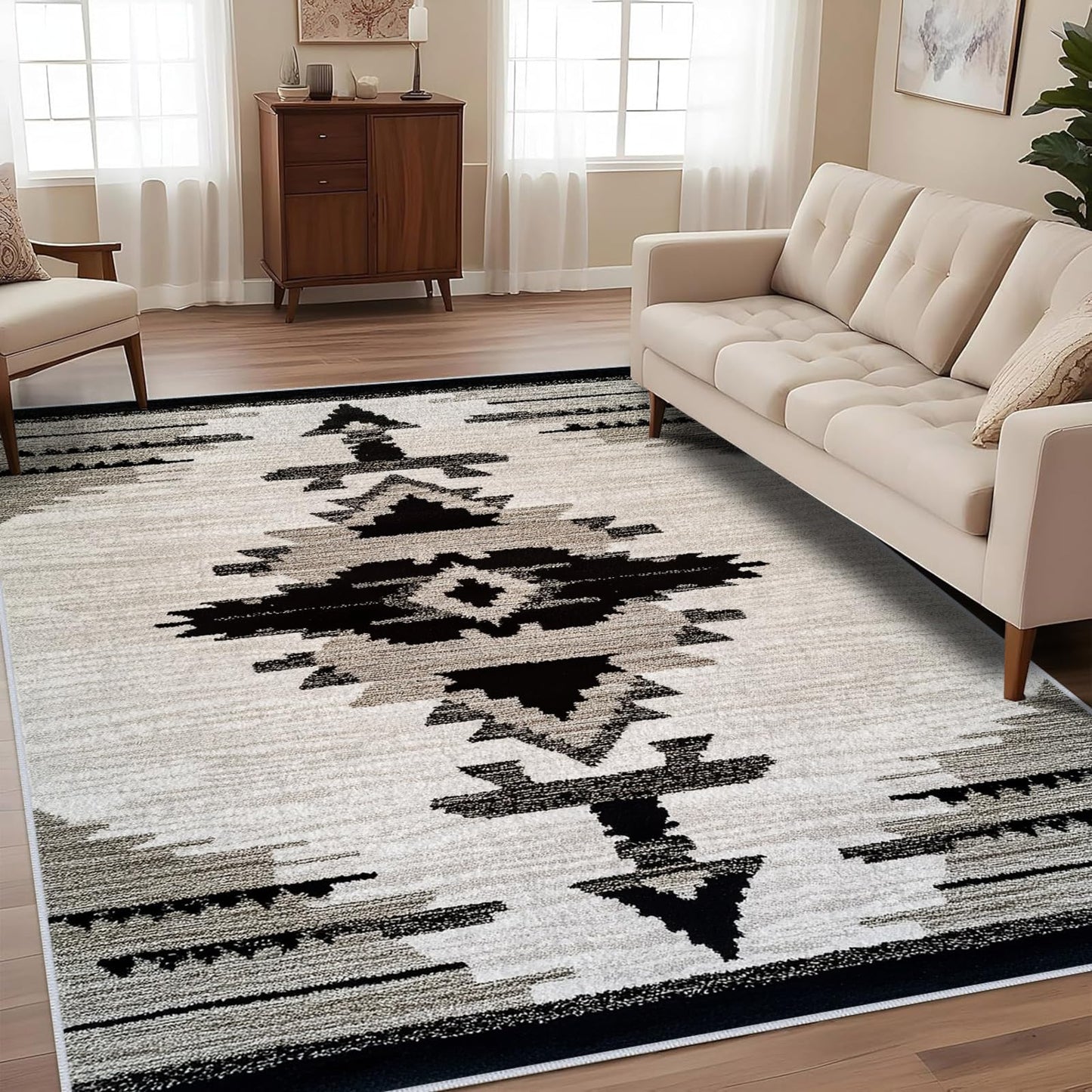 Western Area Rug Southwestern Aztec Navajo Washable 5x7 Rugs for Living Room Bedroom Southwest Tribal Gray Beige Non-Slip Soft Floor Large Carpet for Office Entryway Bathroom
