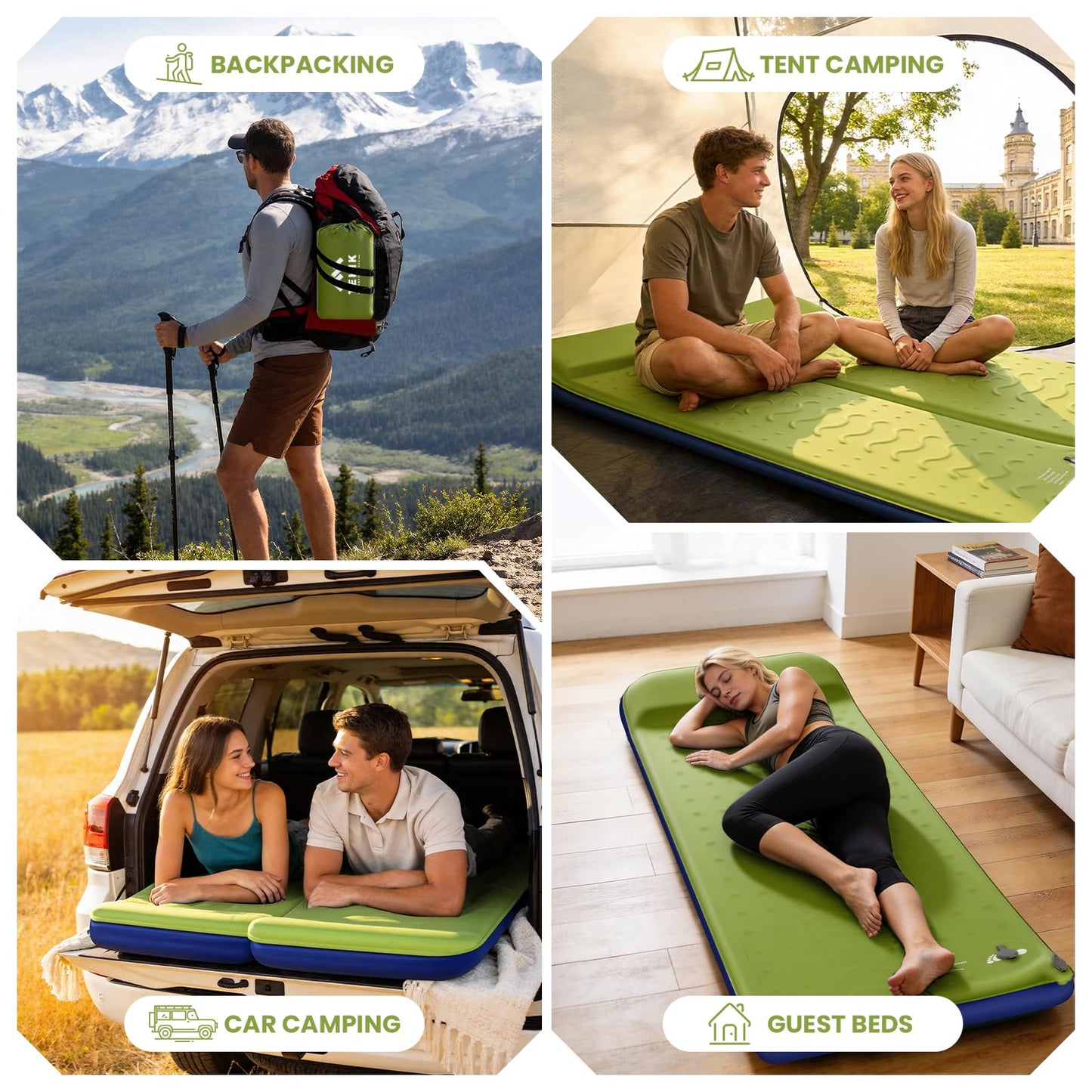 TEKIK Memory Foam Camping Pad, Ultra-Thick Foam Sleeping Pad for Camping with Pillow, 20s Fast self Inflate&Deflate, 9.5 R-Value Insulated Camping Mattress, Suitable for Tent, Car Travel & More