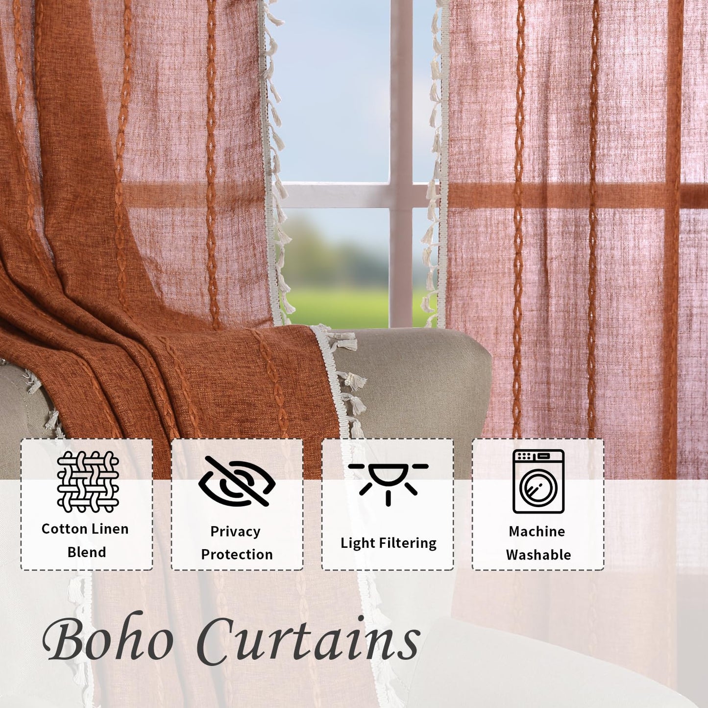 Schweek Terracotta Boho Curtains 84 Inch Length Burnt Orange Farmhouse Curtains for Living Room 2 Panels, Linen Bohemian Tassel Rust Rustic Curtain Drapes