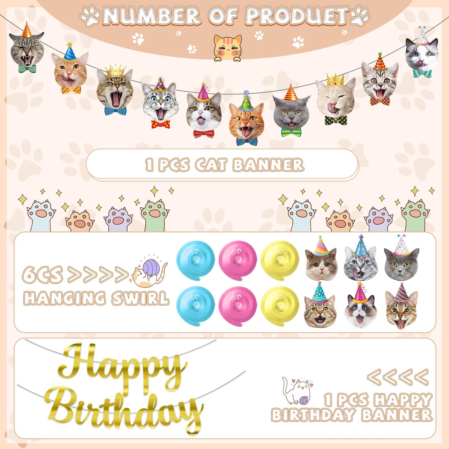 Cat Theme Birthday Party Decorations,Cat Birthday Decoration Happy Birthdays Banners Cats Hanging Cutouts Hanging Swirl Decor