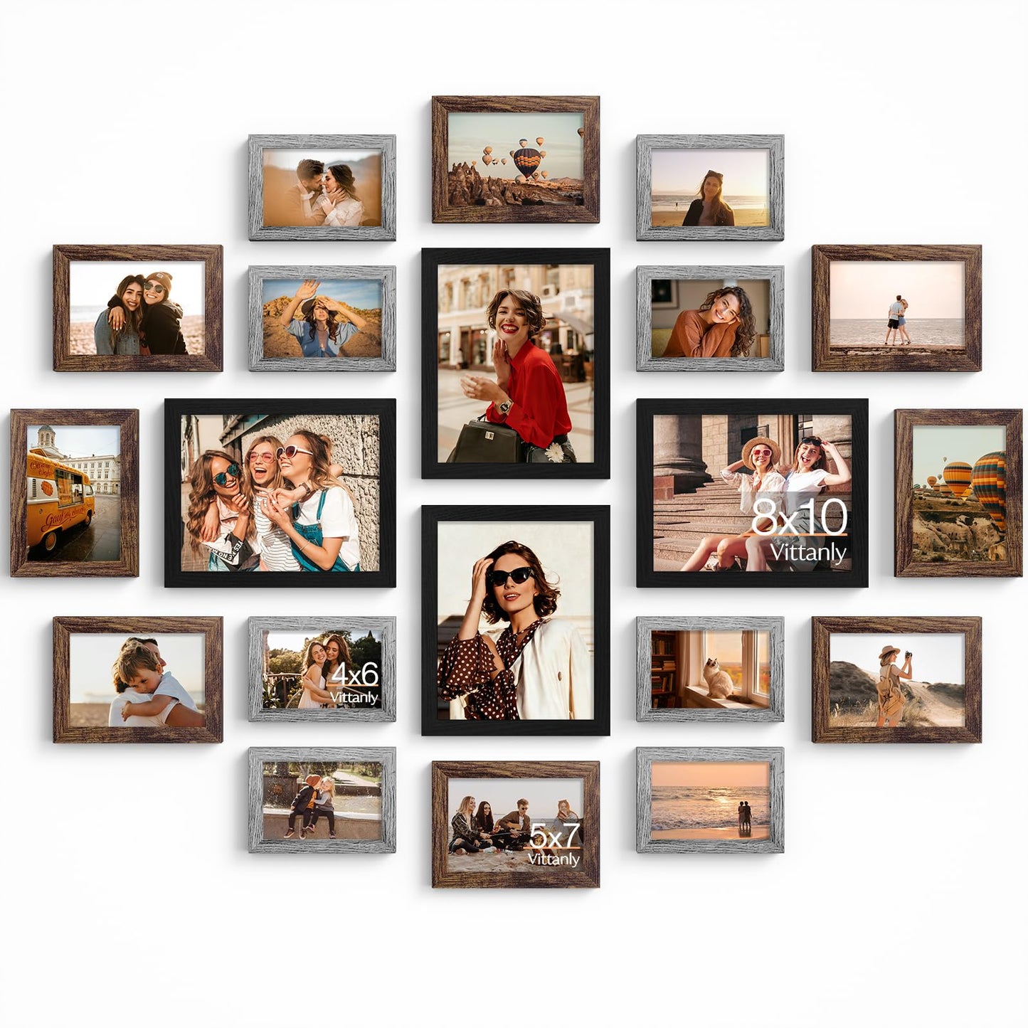 Vittanly 20 Pack Picture Frames Collage Wall Decor, Multi Sizes Including 4pcs 8x10, 8pcs 5x7 and 8pcs 4x6 Photo Frames, Gallery Frame Set for Wall or Tabletop Display, Black, Brown and Grey