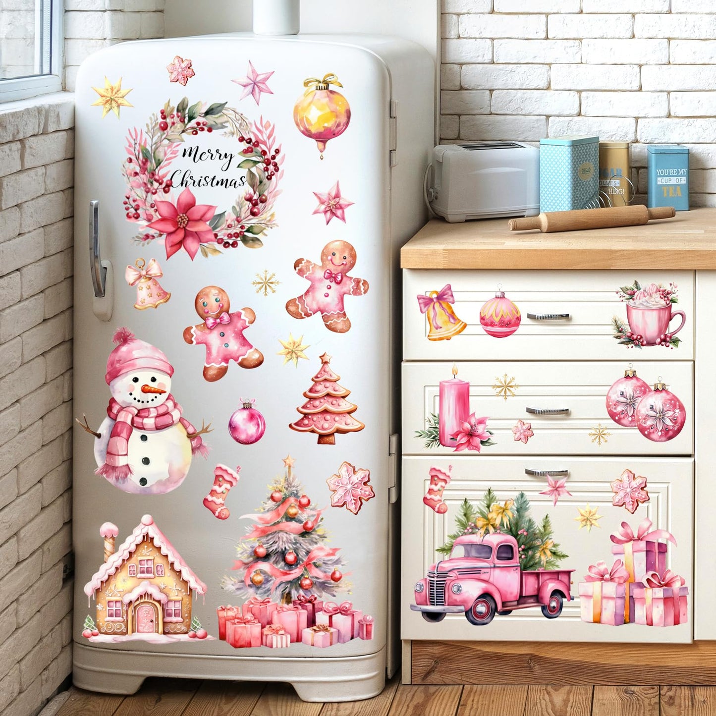 JarThenaAMCS Christmas Wall Stickers Xmas Tree Snowman Santa Wall Decals Large Pink Gold Room Mural Stickers for Winter Home Party Decor, 7.9 x 11.8 Inch, 9 Sheets