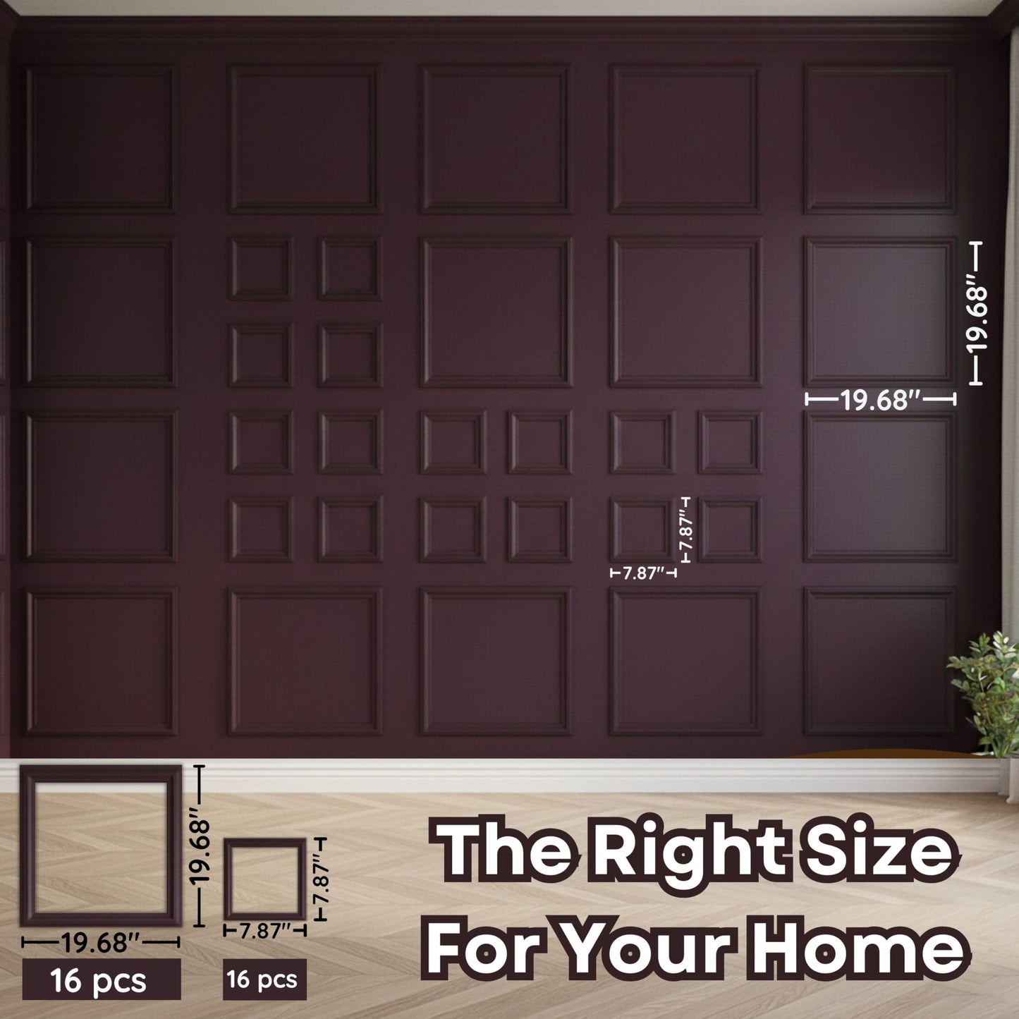 Peel and Stick Wall Molding Kit | Pre-Cut Paintable Wainscoting Panels | 16 Frames 19.68” + 16 Frames 7.87” (Totally 32 pcs) | Easy Install Decorative Wall Trim for Bedroom, Living Room