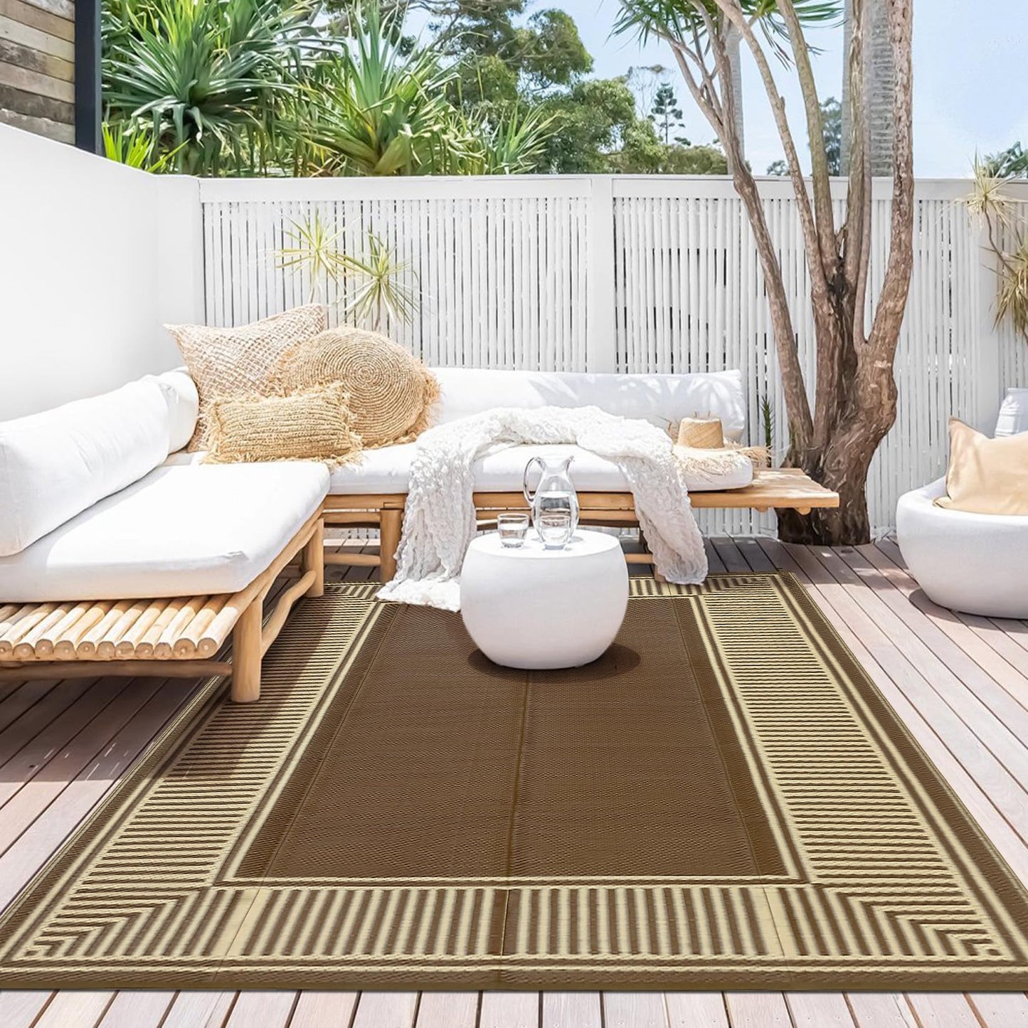 IDEALHOUSE Outdoor Rug 10'x20' Reversible Portable Lightweight Waterproof UV Resistant Plastic Straw Patio Mat for RV Camping Picnic Deck Backyard Peony Brown