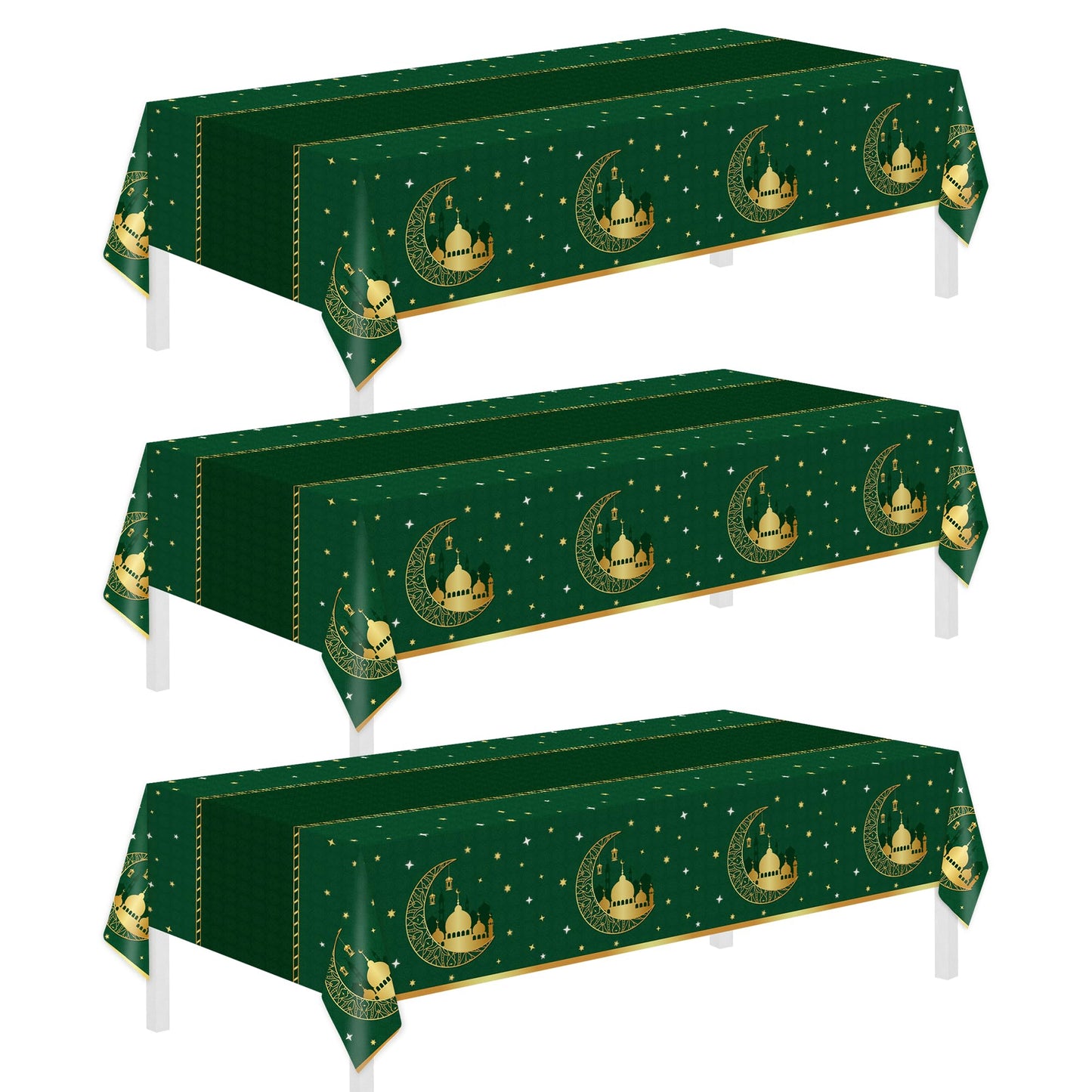 Childom 3 Pack Ramadan Table Cloth,Ramadan Decorations for Home,54" x 108" Eid Mubarak Decorations,Eid Ramadan Tablecloths Rectangular,Green Plastic Table Cloth Disposable Table Cover for Party Favors