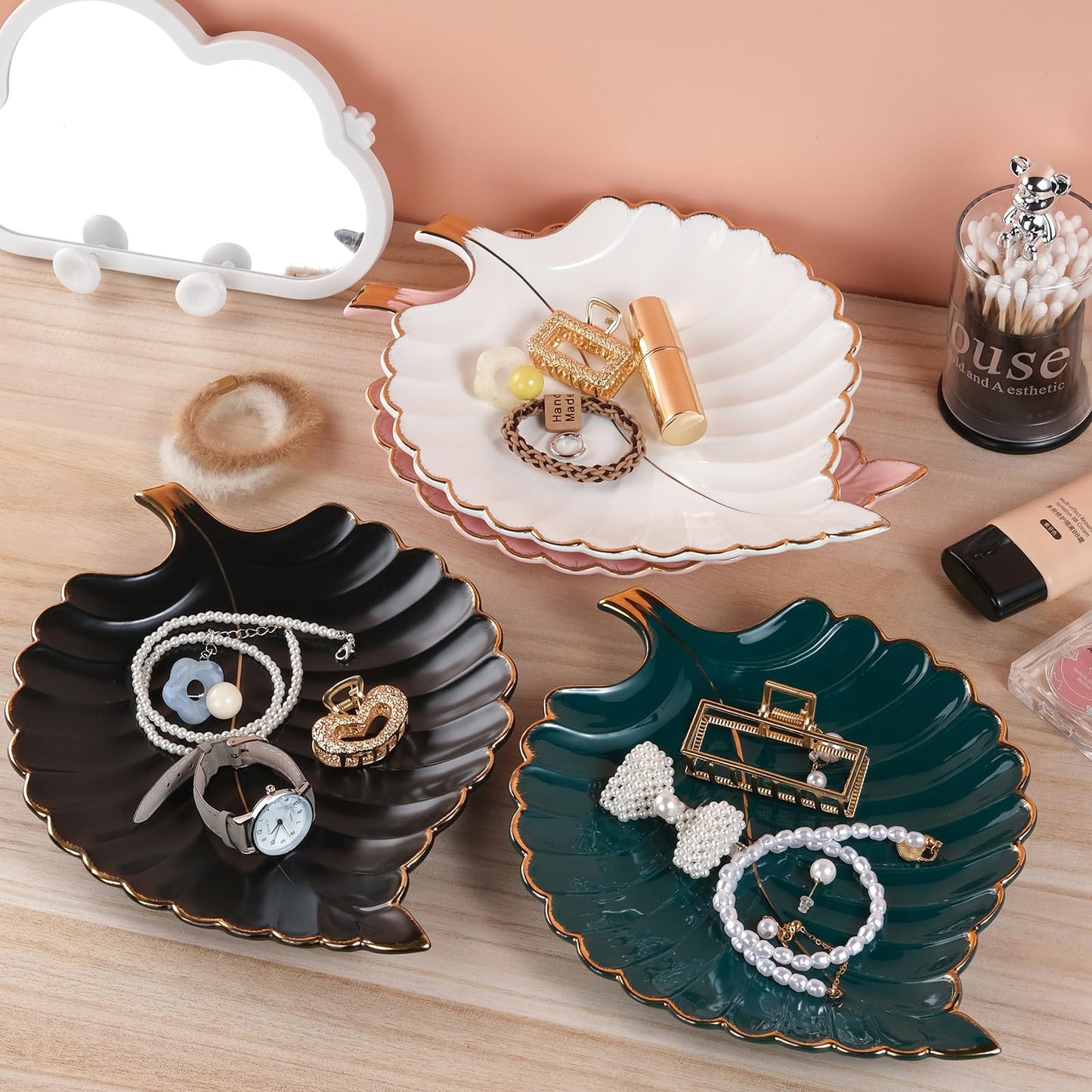 VanEnjoy Candy Dishes Decorative, Key Bowl for Entryway Table, White Ceramic Bowl Decorative, Decorative Bowl for Keys, Leaf Jewelry Plate Tray