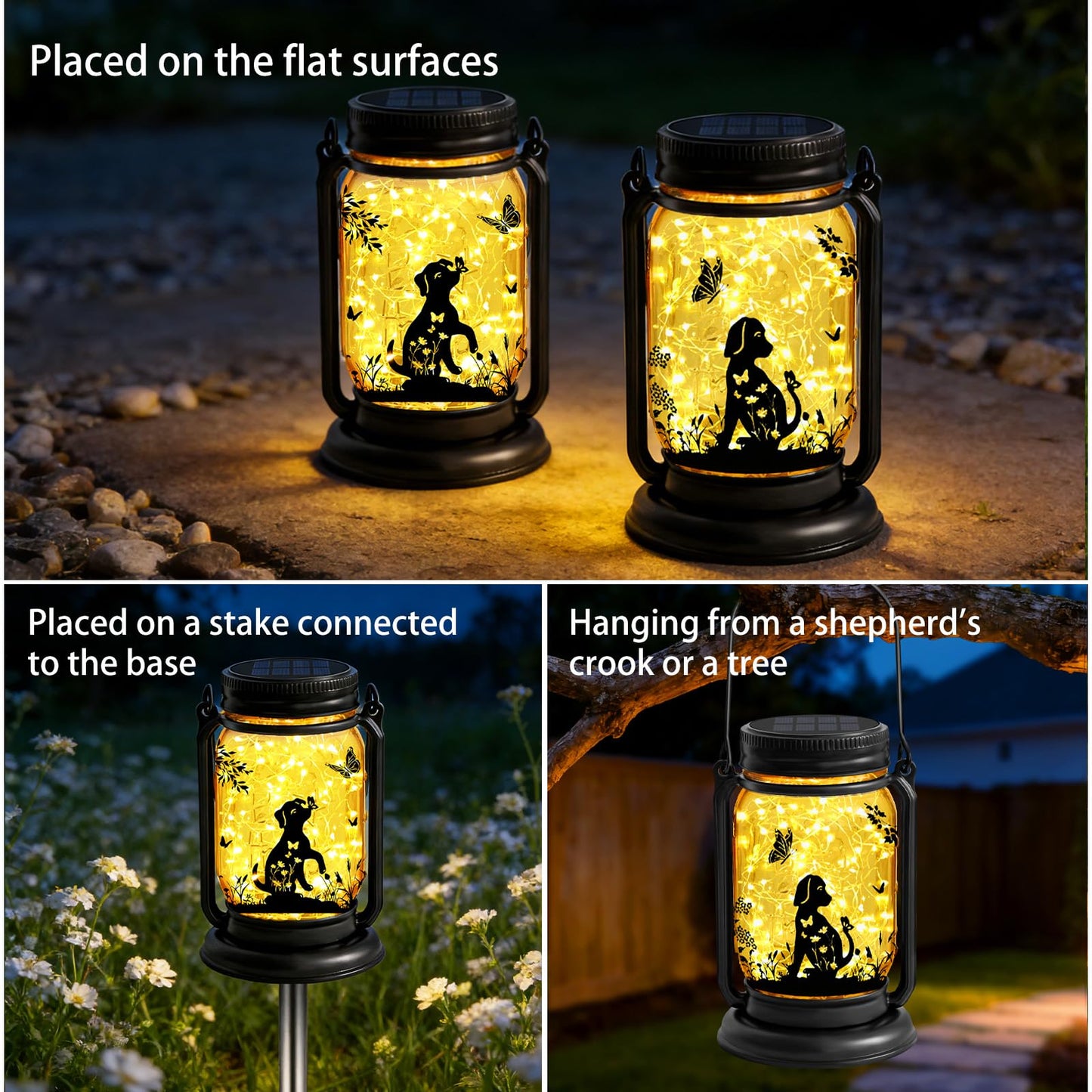 Dog Solar Lanterns, Outdoor Hanging 3in1 Solar Lantern with Stake, Mother's Day Birthday Gifts for Mom Women Grandma Dog Lover, Dog Butterfly Mason Jar Waterproof LED Lights for Yard Lawn Garden Decor