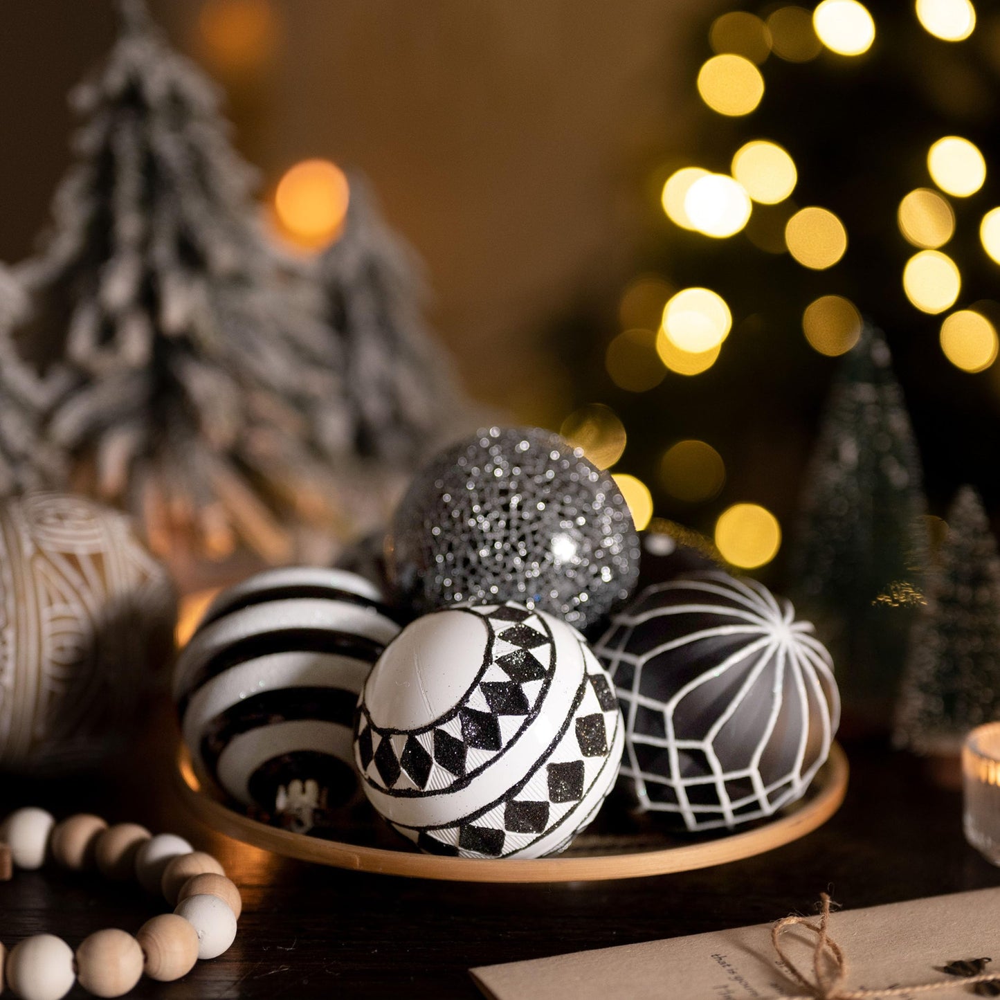 Valery Madelyn Large Christmas Ornaments Tree Decorations, 16ct Black White Boho Shatterproof Christmas Ball Ornaments Set, 3.15 Inch Boho Modern Hanging Ornament Bulk for Xmas Holiday Party Decor