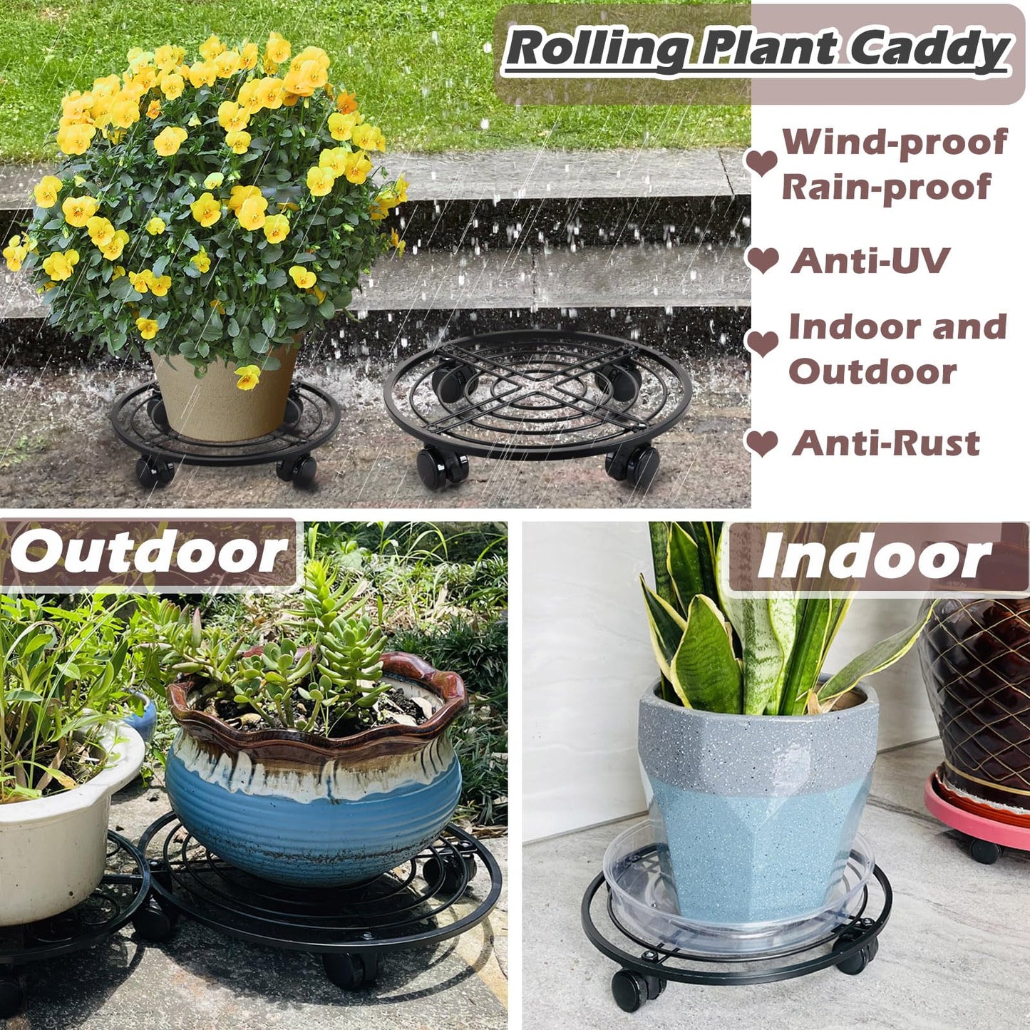 12" Metal Plant Caddy with Wheels 3 Packs Large Rolling Plant Stands Indoor Wheeled Plant Dolly Heavy-duty Planter Mover Roller Base Outdoor Plant Trolley Cart Water-proof, Plant Saucers on Wheels