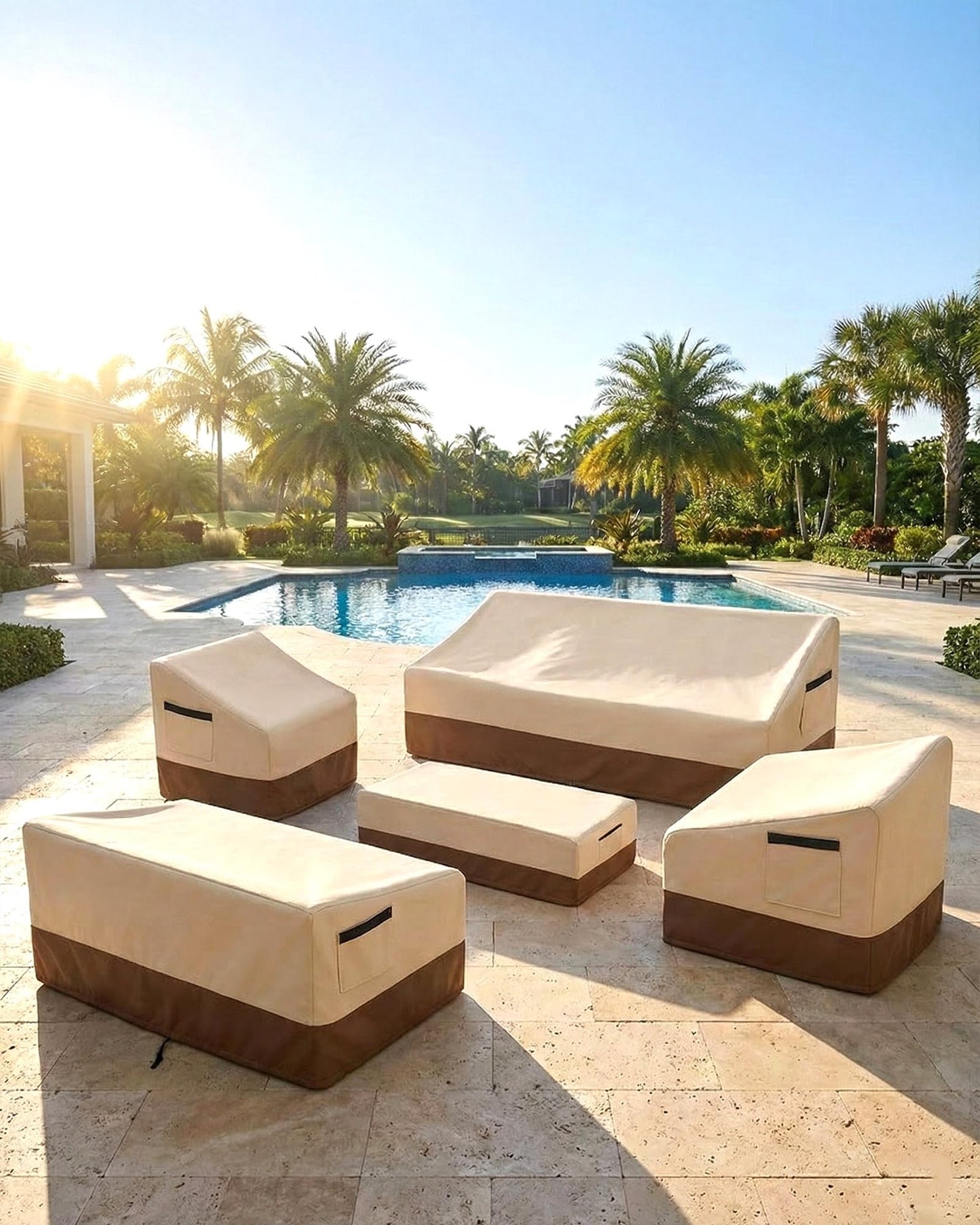 5 Piece Patio Furniture Cover Set, Waterproof Outdoor Furniture Covers for 3-Seater Sofa, Loveseat, Chairs & Coffee Table, Heavy Duty 600D Lawn Patio Set Covers, UV-Resistant All-Season, Beige&Brown