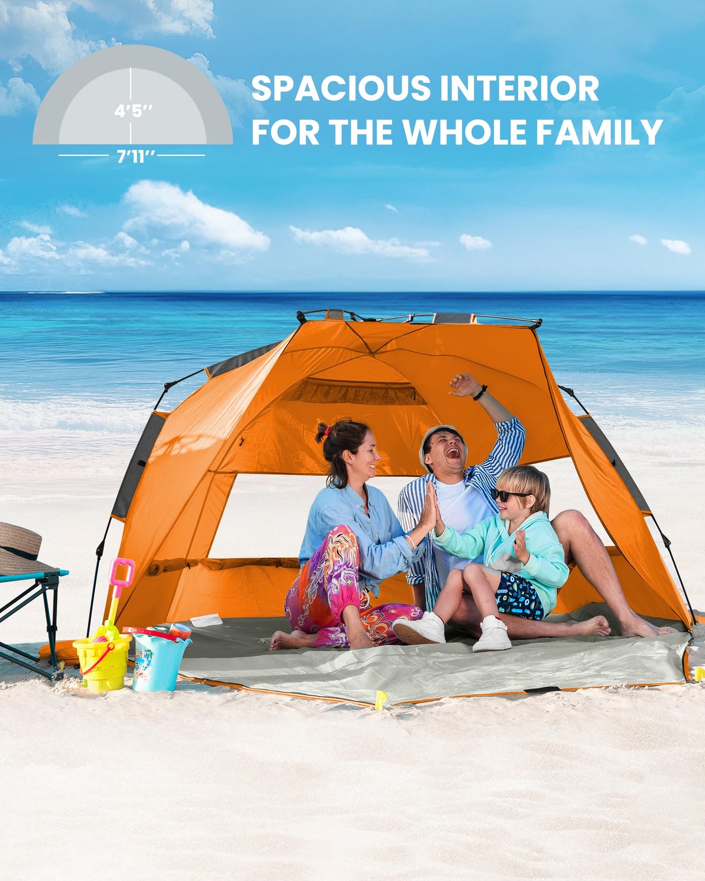 OutdoorMaster Beach Tent Sun Shelter for 3-4 Person, Pop Up Beach Tent Easy Setup with Sandbags, Portable Sun Shade Canopy with Carrying Bag for Beach & Outdoor, UPF50+ UV Protection - Orange