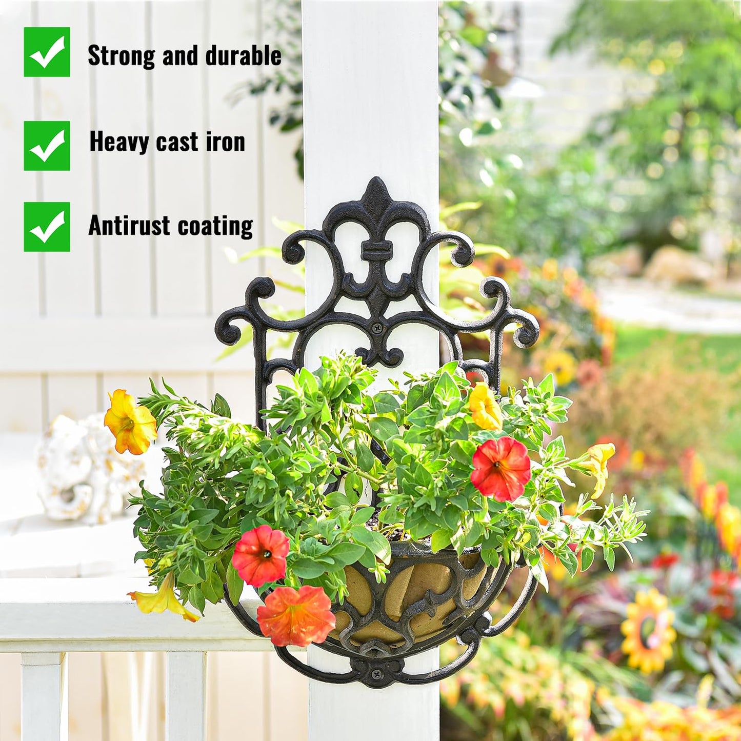 Sungmor 2 Pack Wall Hanging Planter Basket with Fabric Liner, Antique Victoria Style Cast Iron Wall Planter Holder, Outdoor Railing Fence Balcony Metal Hanging Basket Half Round Flower Pots