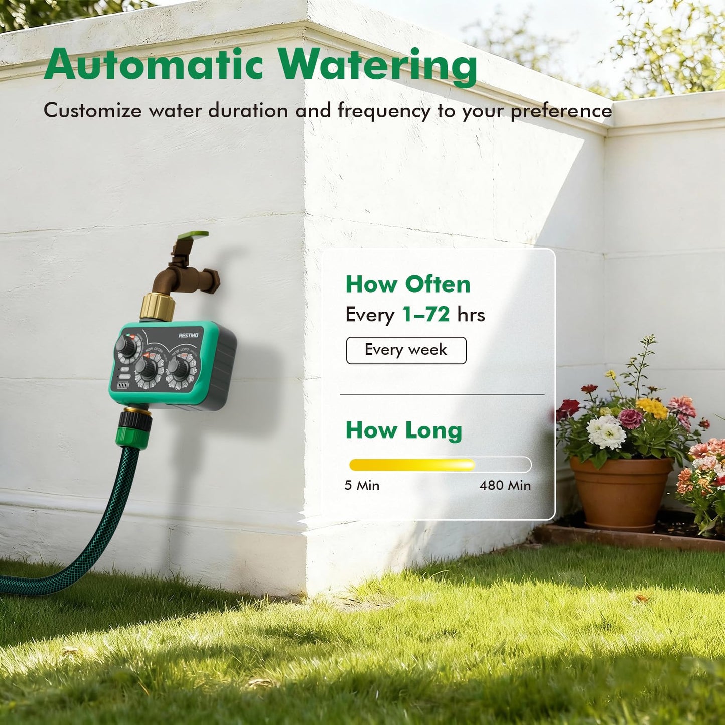 RESTMO 3-Dial Analog Sprinkler Timer with Brass Inlet & Outlet, Mechnical Water Timer for Garden Hose with Manual/Rain Delay, Automatic Drip Irrigation System, 480 Minutes Max Watering, Easy to Set Up