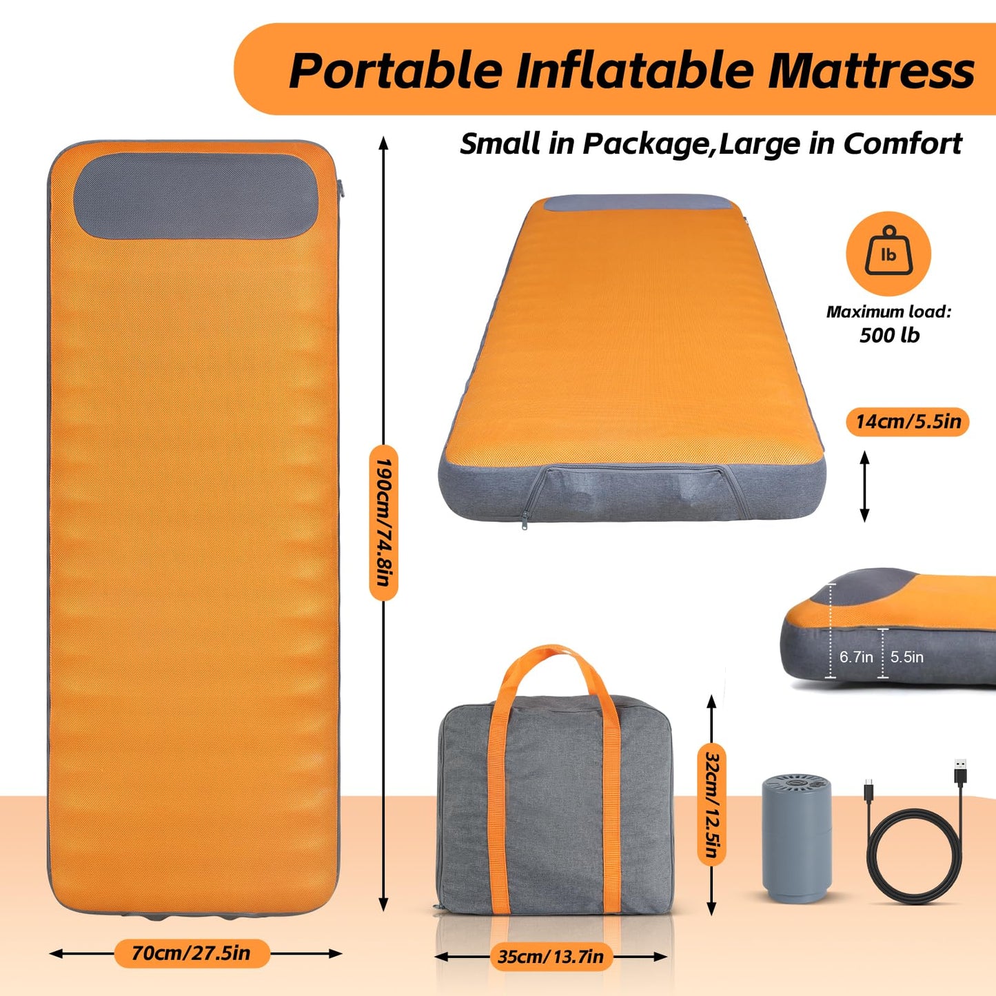 Sleeping Pad, 5.5" Thick Self Inflating Sleeping Pad with Electric Pump,4 Season Camping Mattress Pad with Built-in Pillow, Camping Essentials Gear for Hiking, Backpacking,Tent Use,Camping(Orange)