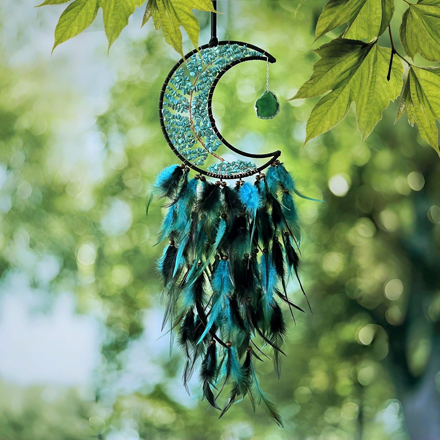 Moon Dream Catchers with Chakra Gemstone Agate Stone, Crystal Tree Life Dream Catchers Wall Hangings Room Decor (Green)