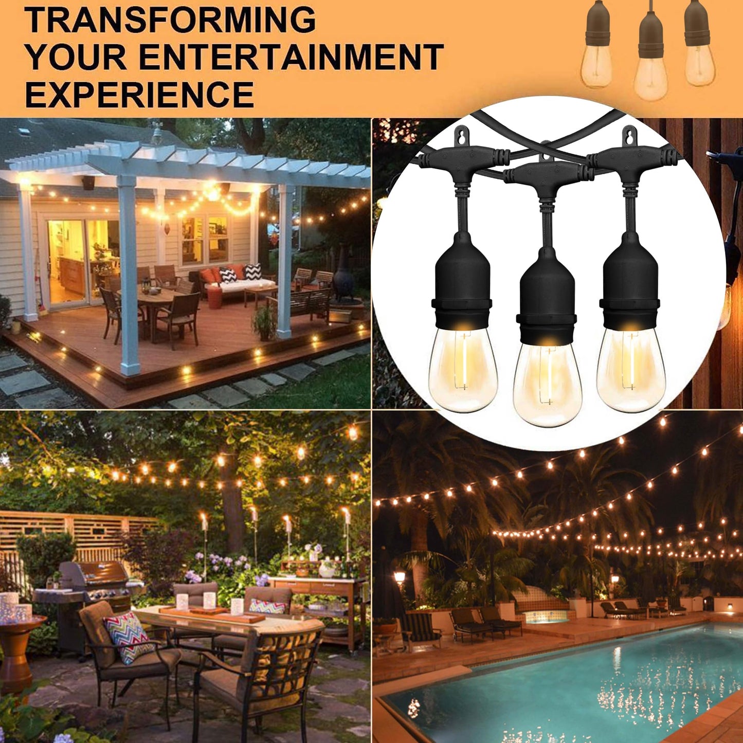 Banord Outdoor String Lights, 50FT Waterproof Patio Lights with 1W Dimmable LED Bulbs, Hanging String Lights for Outdoor Backyard, Garden, Deck, Porch, Gazebo, Balcony, Camping, Party(Black)