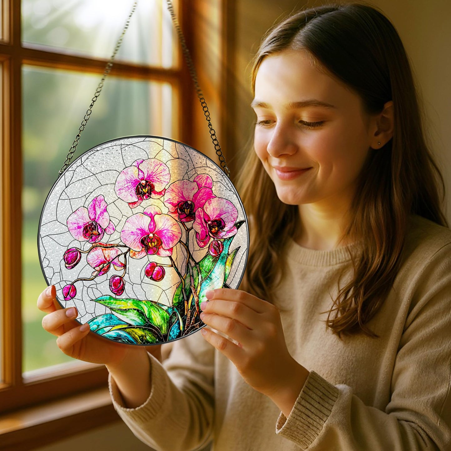 8-Inch Stained Glass Ornament, Stained Glass Window Hanging, Window Hanging Decor Suncatcher, Orchid Flower Ornament | Christmas, Mother's Day, Birthday | Gifts for Mom & Grandma, Flower Lover Gift