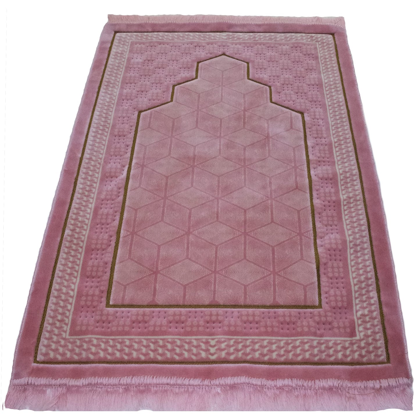 Modefa Turkish Islamic Velvet Prayer Rug - Thick & Wide Soft Praying Carpet for Men & Women - Double Plush Large Janamaz - Eid & Ramadan Gift - with Kufi, Beads & Car Hanger - Geometric Noor (Pink)