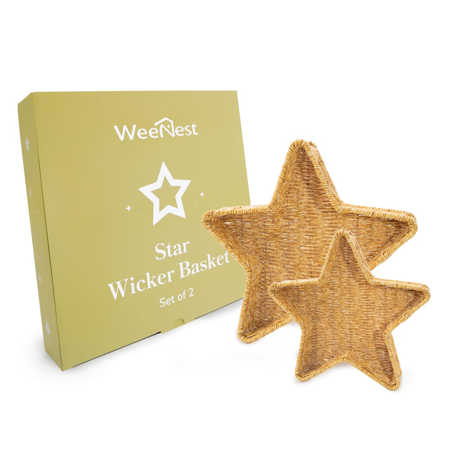 WeeNest Star Wicker Basket, Rattan Basket, Decorative Basket, Star Plates, Woven Basket for Gifts, Christmas Stars, Christmas Serving Dishes and Platters, Oat milk, Resin Wicker Set of 2