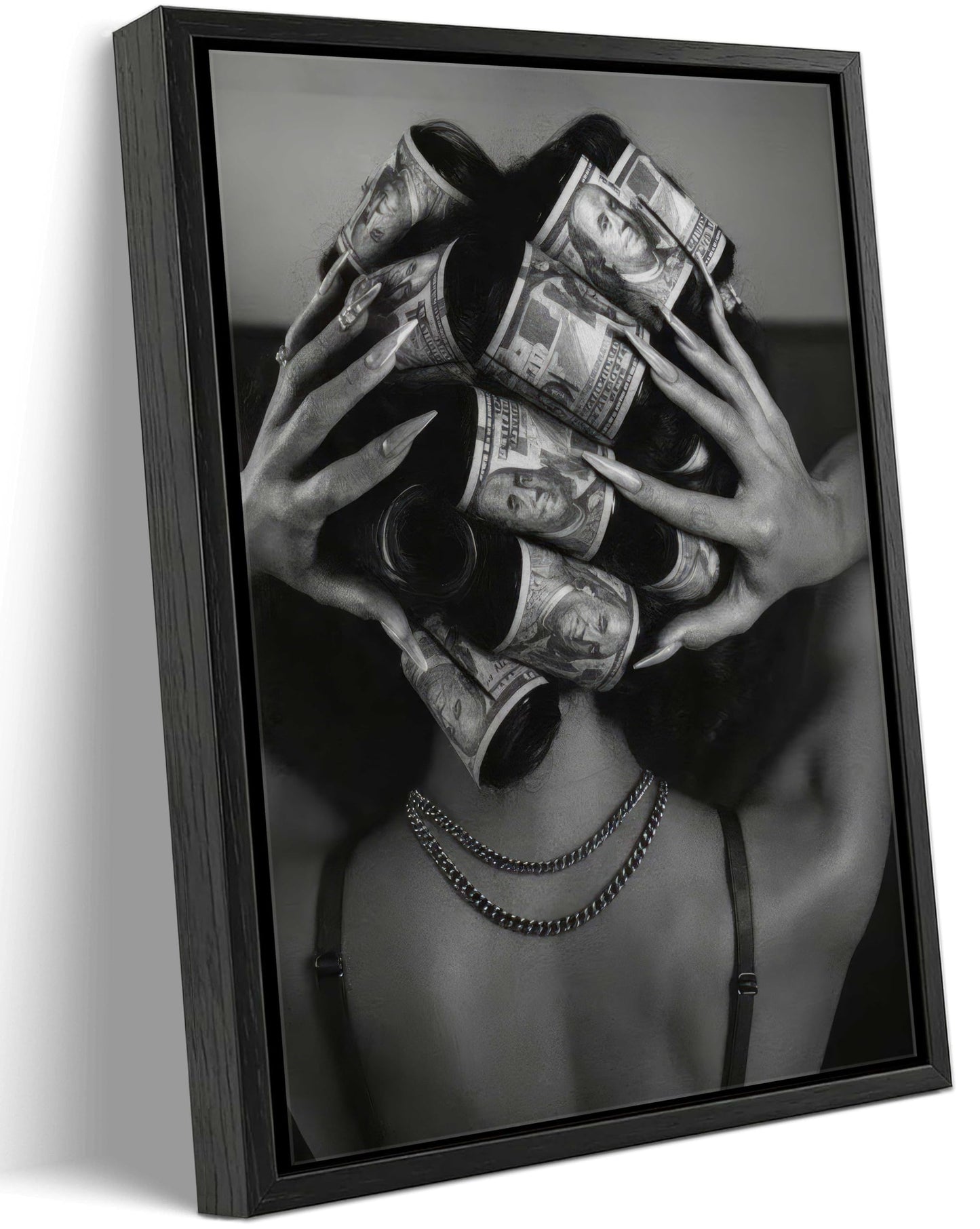 Framed Black and White Fashion Canvas Wall Art Luxury Feminist Picture Wall Decor Trendy Woman with Money on Head Poster Print for Girls Bedroom Apartment Dorm Bar Cart Home Decoration 12x16in