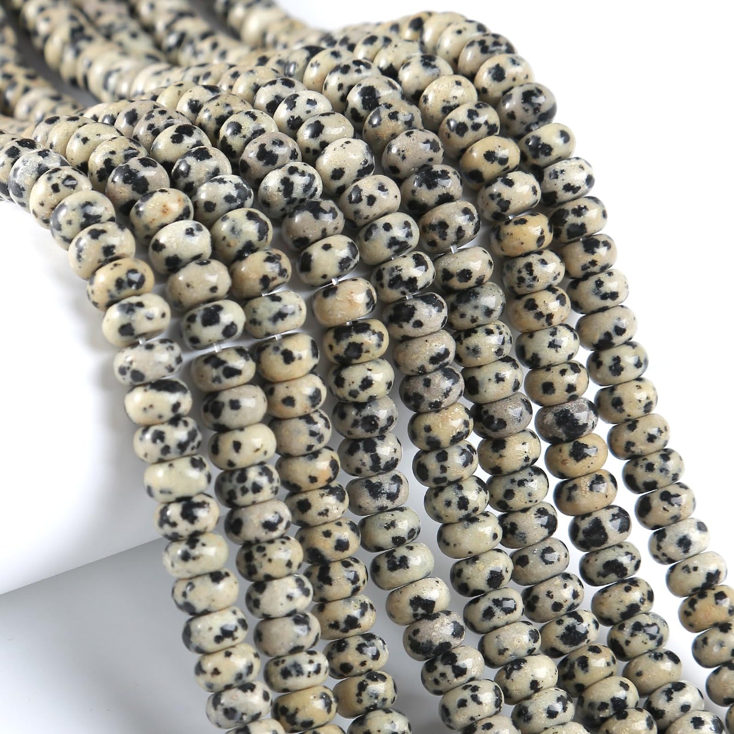 76pcs 5x8mm Natural Dalmatian Jasper Stone Rondelle Spacer Loose Beads Abacus Disk Stone Round Loose Gemstone Beads for Jewelry Making DIY Bracelet Necklace