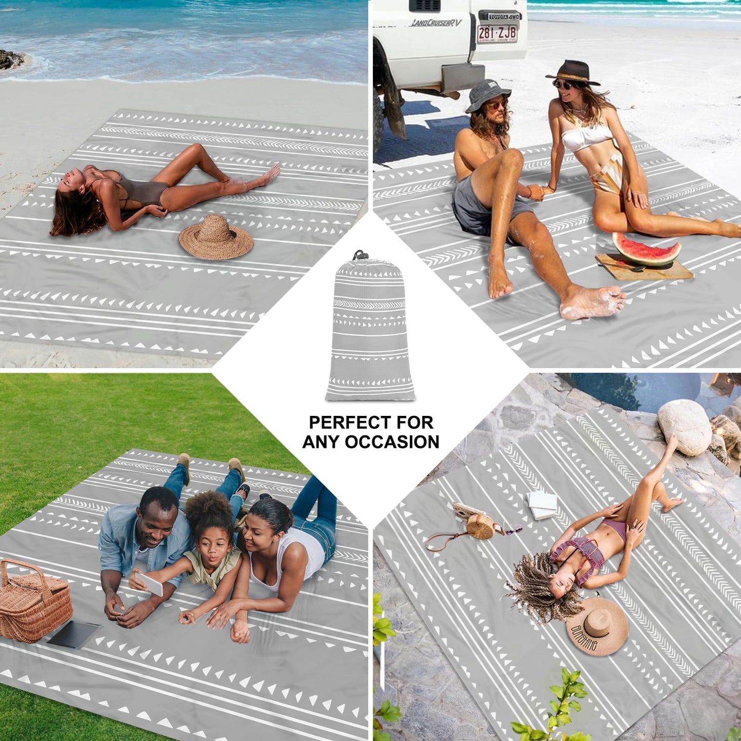 Extra Large 110''×118'' Beach Blanket for 8 Adults, Outdoor Beach Mat Sand Free Waterproof with 4 Stakes & 4 Corner Pockets, Polyester Lightweight Foldable Grey Picnic Mat for Travel, Camping, Hiking