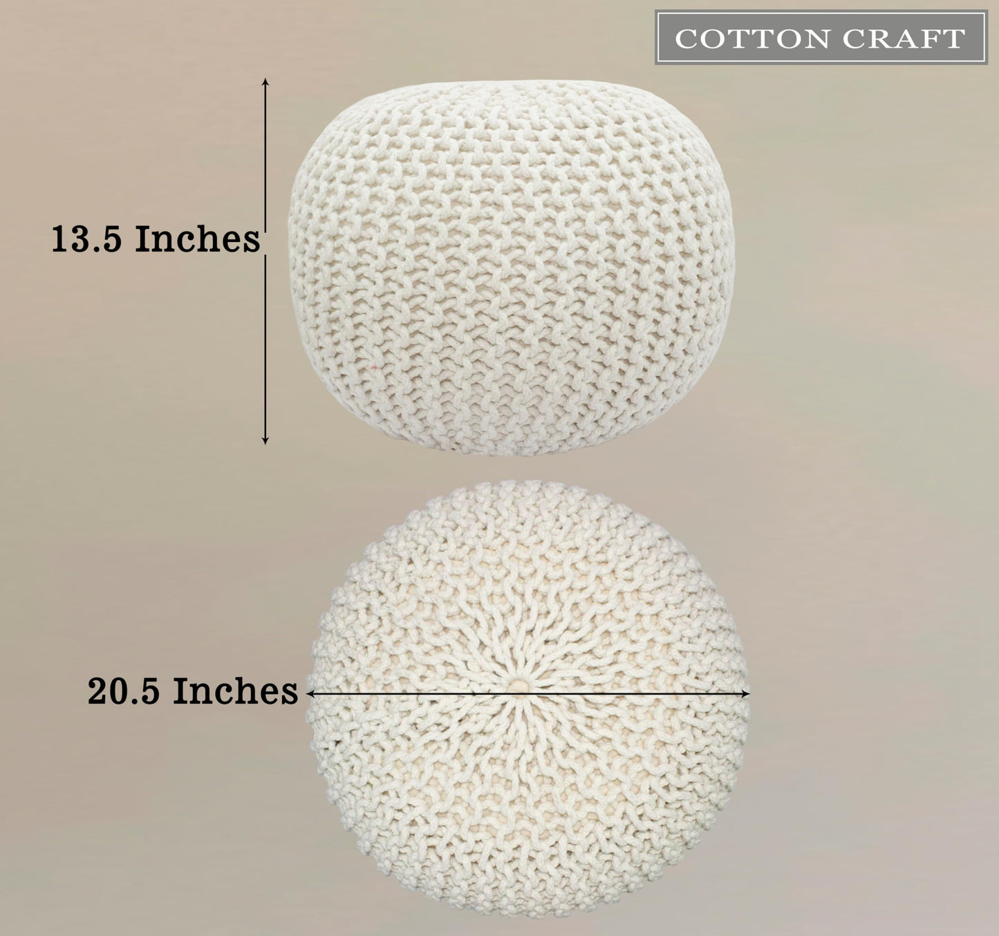 COTTON CRAFT Round Dori Pouf - Cotton Braid Cord Cable Knitted Ottoman - Foot Stool Footrest Floor Pouf Accent Furniture Bean Bag - Living Room Dorm Décor - 20.5 Dia x 13.5 High - Round Ivory Cream