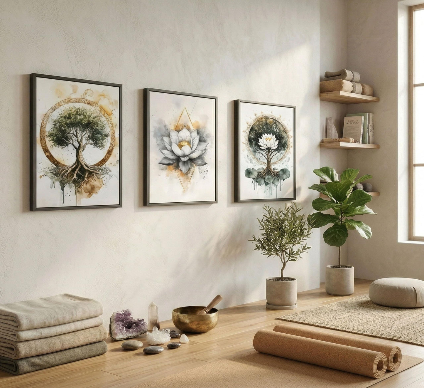 3PCS Zen Meditation Lotus Wall Art Spiritual Bathroom Yoga Spa Posters Prints Artwork Tree of Life Paintings Pictures Wall Decor for Living Room Office Bedroom Home Decoration Unframed.