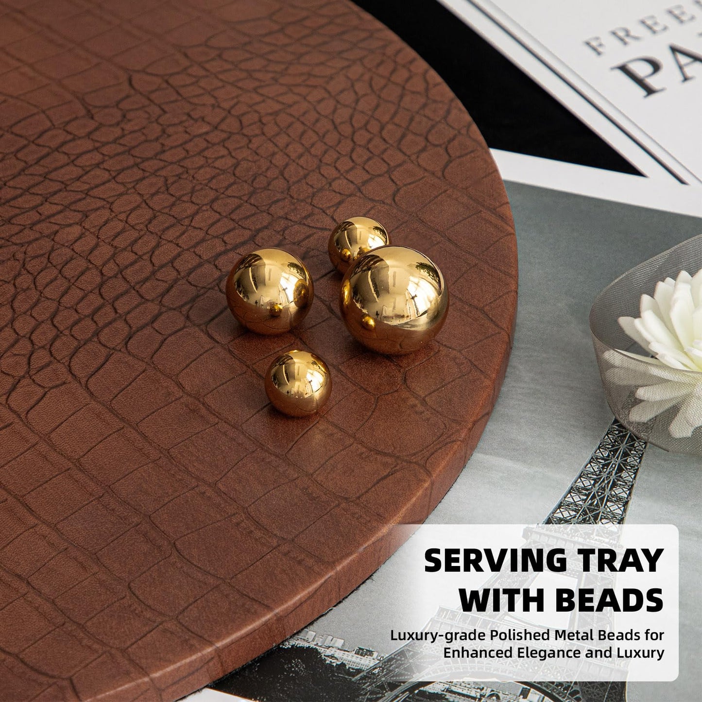 JUMBO HUMBLE Decorative Serving Trays, Set of 2 Brown Crocodile Leather Round Serving Tray with Beads, Decorative Tray Ottoman Decor Platter Coffee Table Trays for Living Room Home Decor