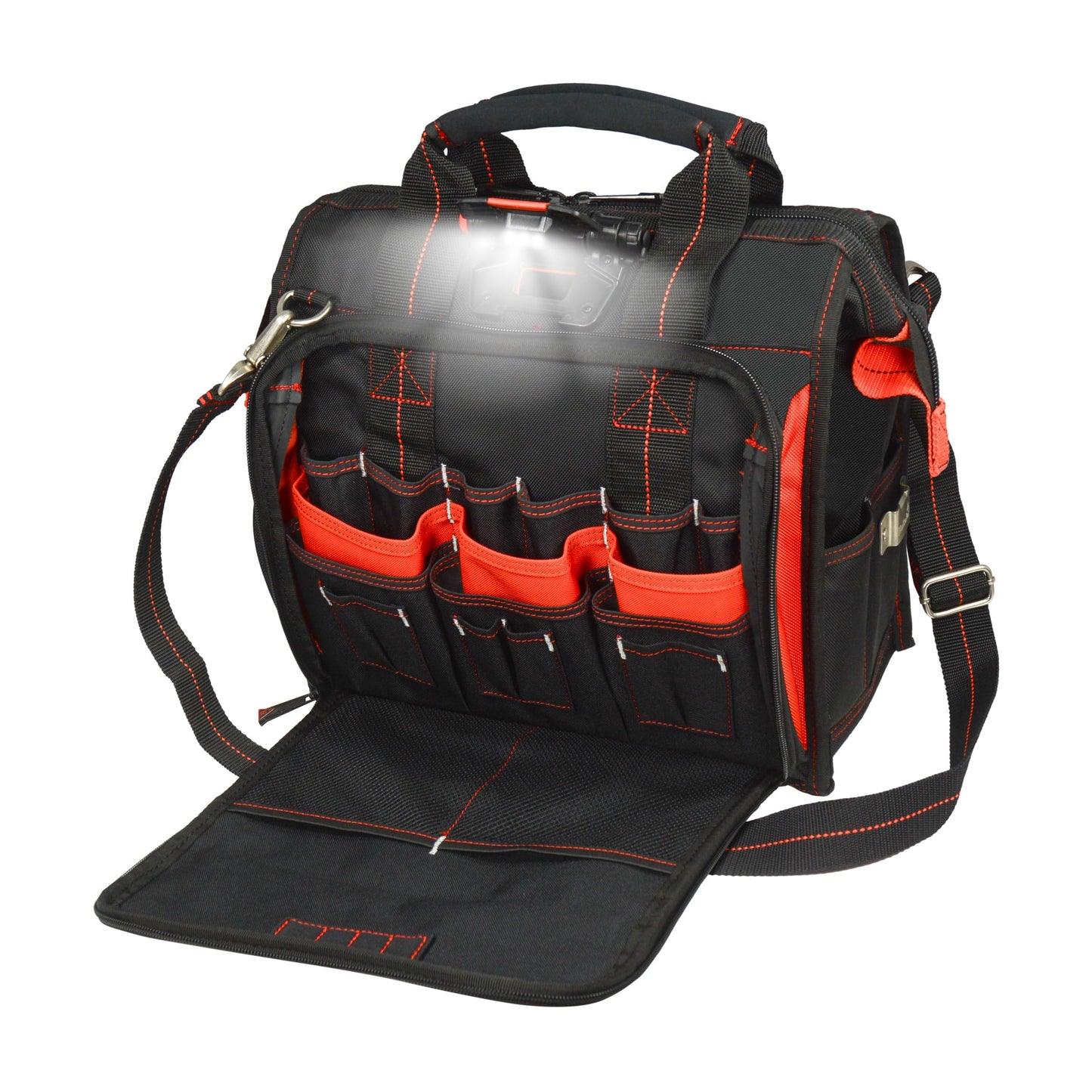Hultafors Work Gear HTL573 Lighted Technician's Tool Bag, 55 Pockets, Heavy Duty Ballistic Polyester Tool Carrier, Adjustable Swivel Light, Large Center Compartment