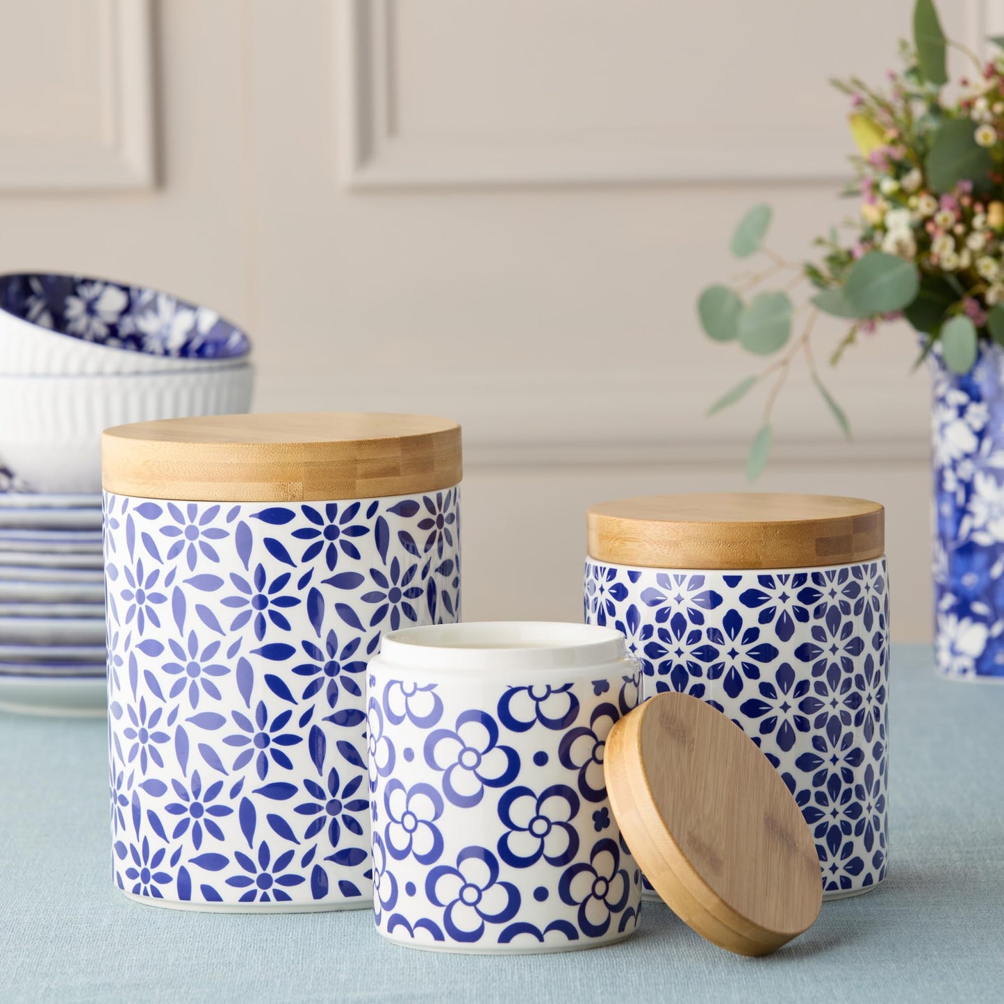 Madison 3pc Canister Set - Premium Porcelain with Bamboo Lids, Blue and White Patterns - Large 96 oz, Medium 80 oz, Small 30 oz - Perfect for Pantry Storage and Organization