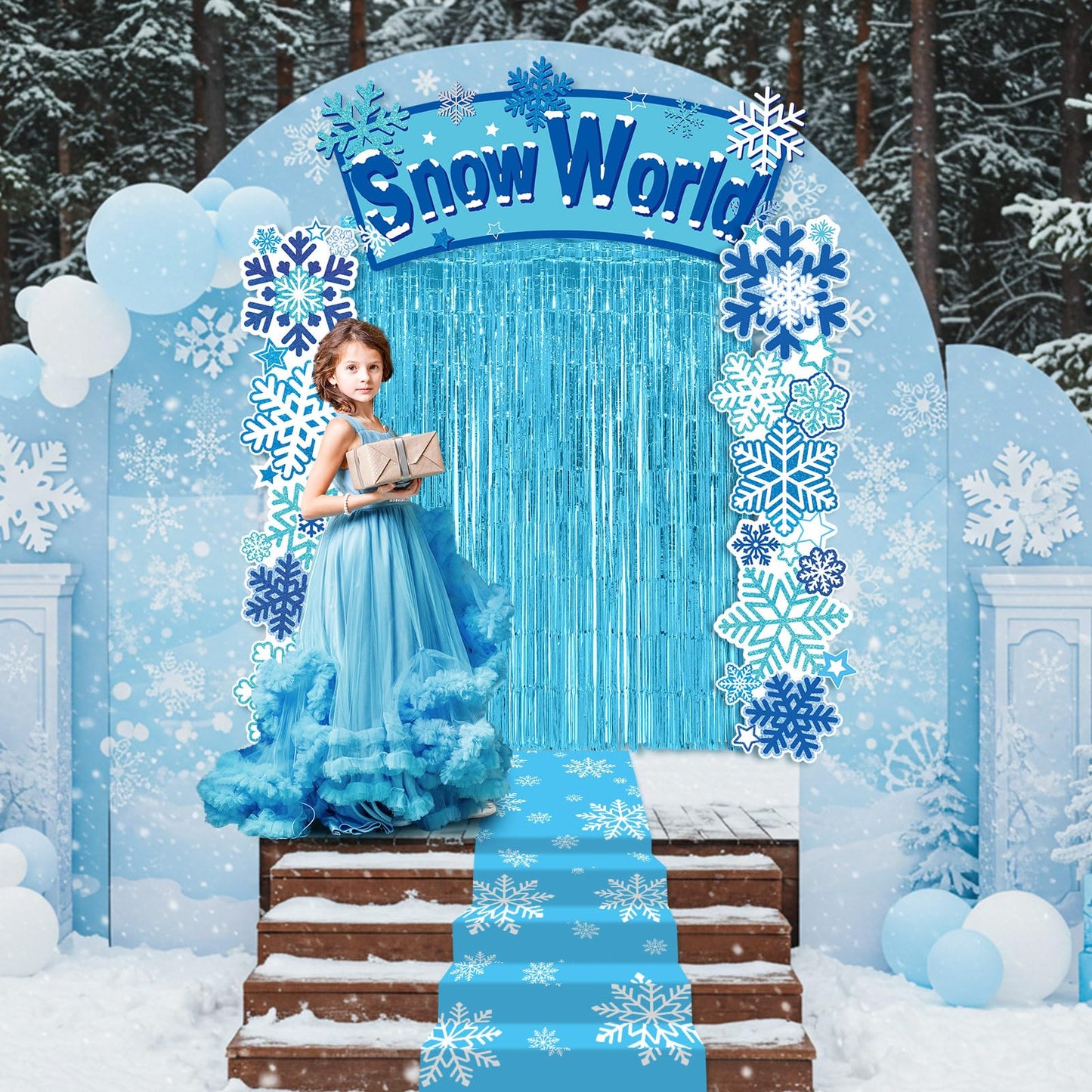 VitalCozy 7pcs Birthday Party Decorations Snowflake Tinsel Foil Fringe Curtains Porch Banners Snow Rug Backdrop for Wonderland Party Decoration Winter Supplies