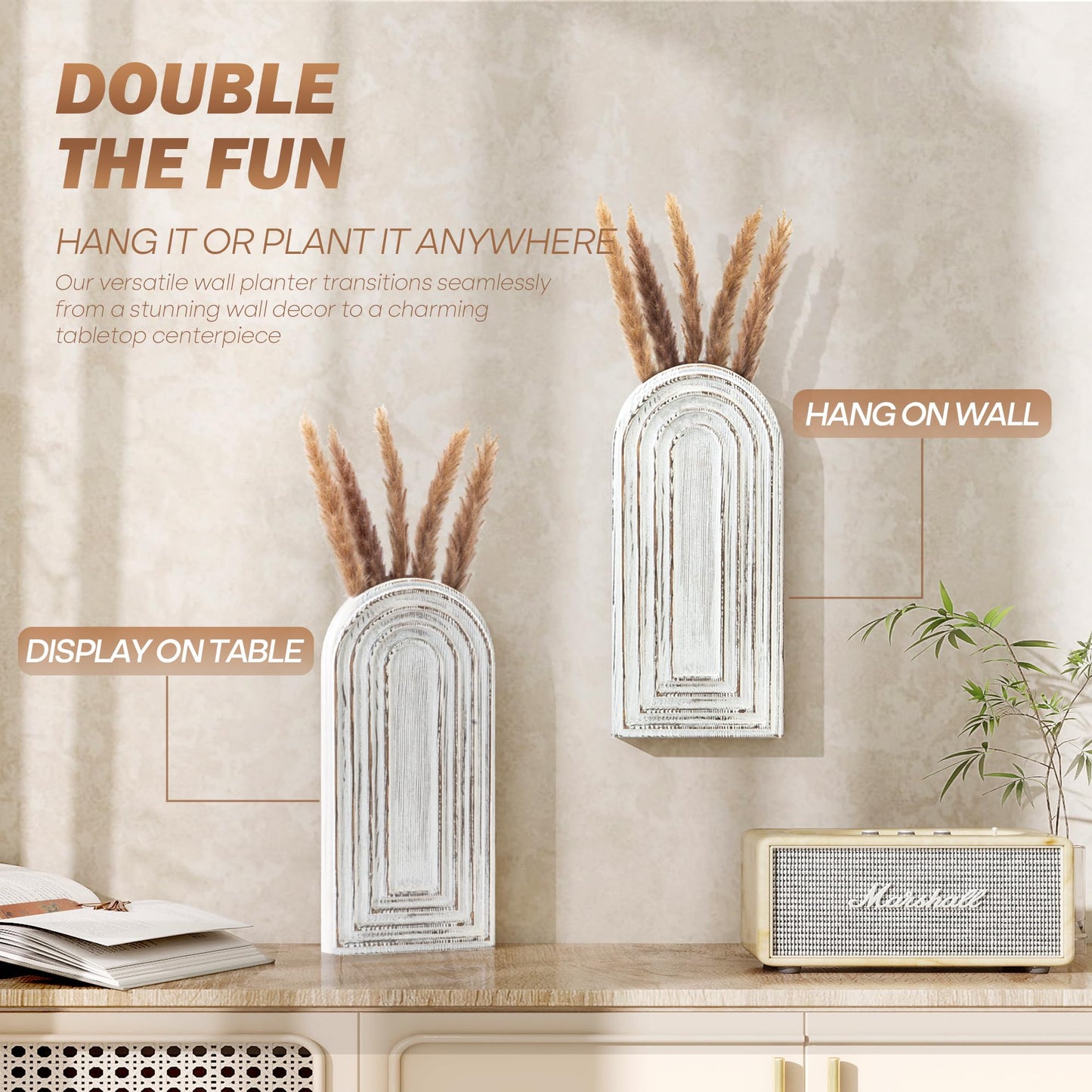 EOSAHR Pine Wood Wall Vases Set of 2 – Farmhouse Wall Decor for Living Room, Bedroom & Office – Hanging Planters for Indoor Plants & Artificial Flowers, Best Boho Chic Decor Accent (Whitewash)