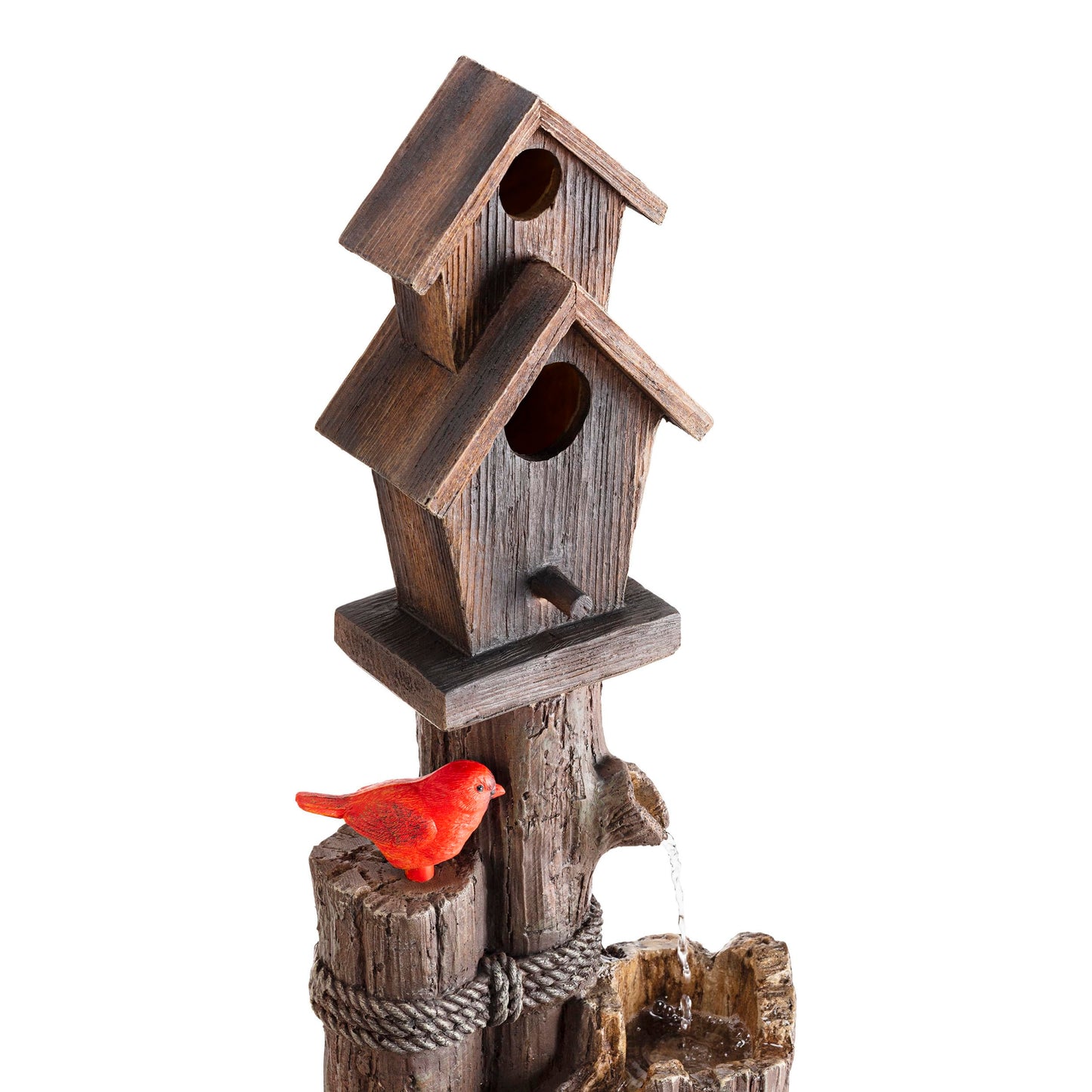 Alpine Corporation 35" Tall Outdoor 3-Tier Birdhouse Water Fountain with Cardinal Accent, Rustic Floor Decor for Garden and Patio, Brown