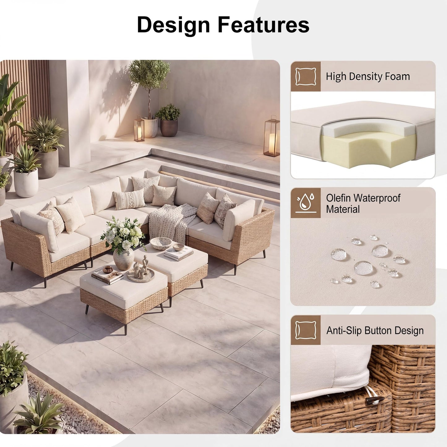 EO Living 8-Piece Patio Furniture Set, Outdoor Sectional Sofa PE Rattan Outdoor Patio Furniture with Thick Cushions, All Weather Patio Conversation Sets for Garden, Poolside, Backyard(Beige)