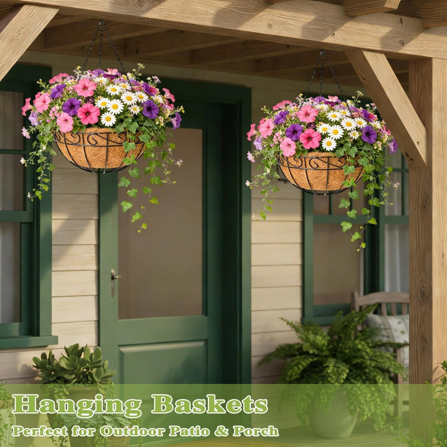 Qusuxi 4 Pack 12 Inch Hanging Baskets for Plants Outdoor Metal Hanging Planter Hanging Flower Baskets with Coco Fiber Liners Chain Round Wire Plant Holder Flower Pots(Plaid)