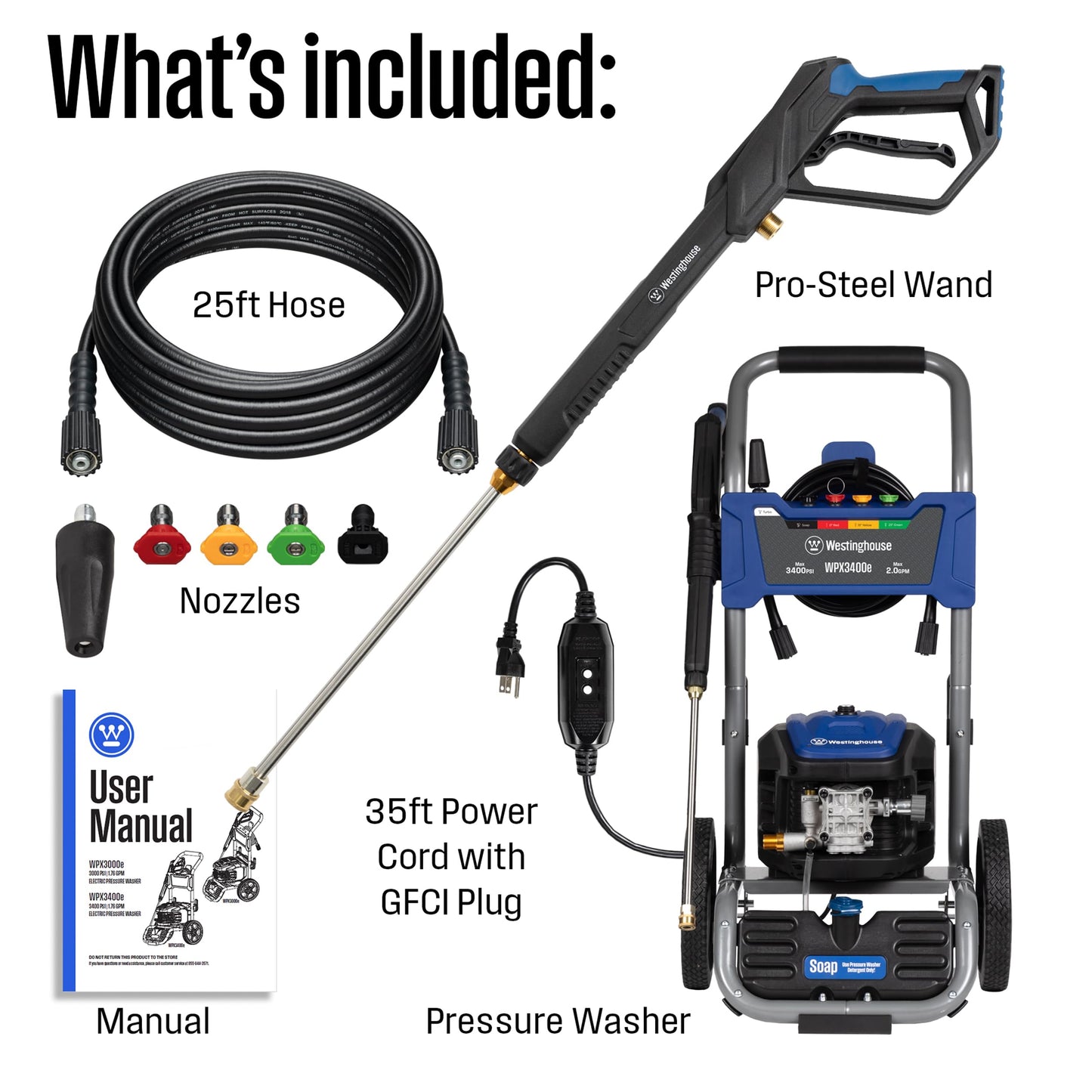 Westinghouse WPX3400e Electric Pressure Washer, 3400 Max PSI and 2.0 Max GPM, Brushless Motor, Onboard Soap Tank, Spray Gun and Wand, 5 Nozzle Set, for Cars/Fences/Driveways/Homes/Patios/Furniture