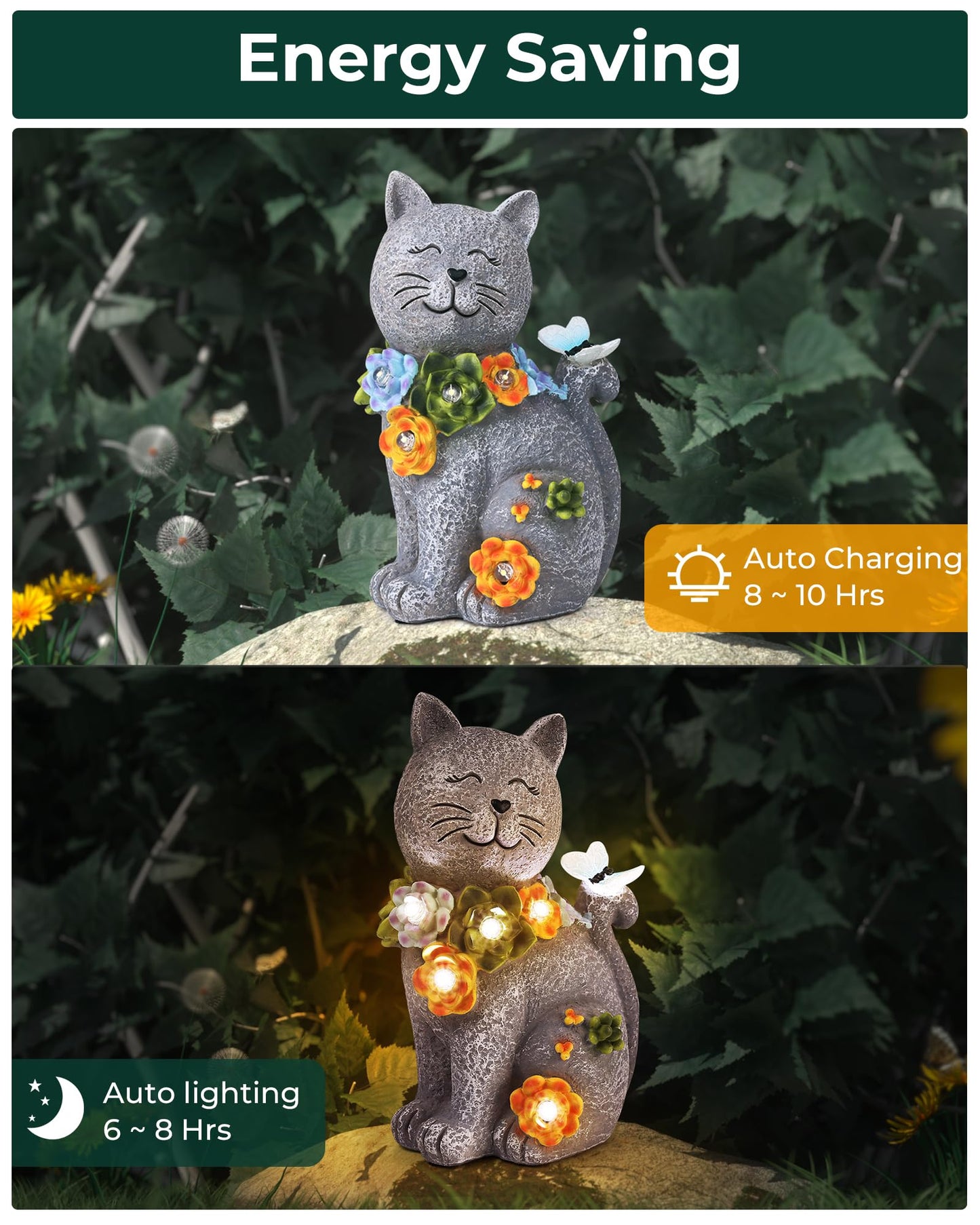 Vuees Solar Garden Statues Outdoor Decor, 6 LED Cat Flowers Butterfly Figurine Lights, Waterproof for Balcony Patio Porch Lawn Yard Ornament Art - Gift Ideas for Housewarming Gardening Grandma Women