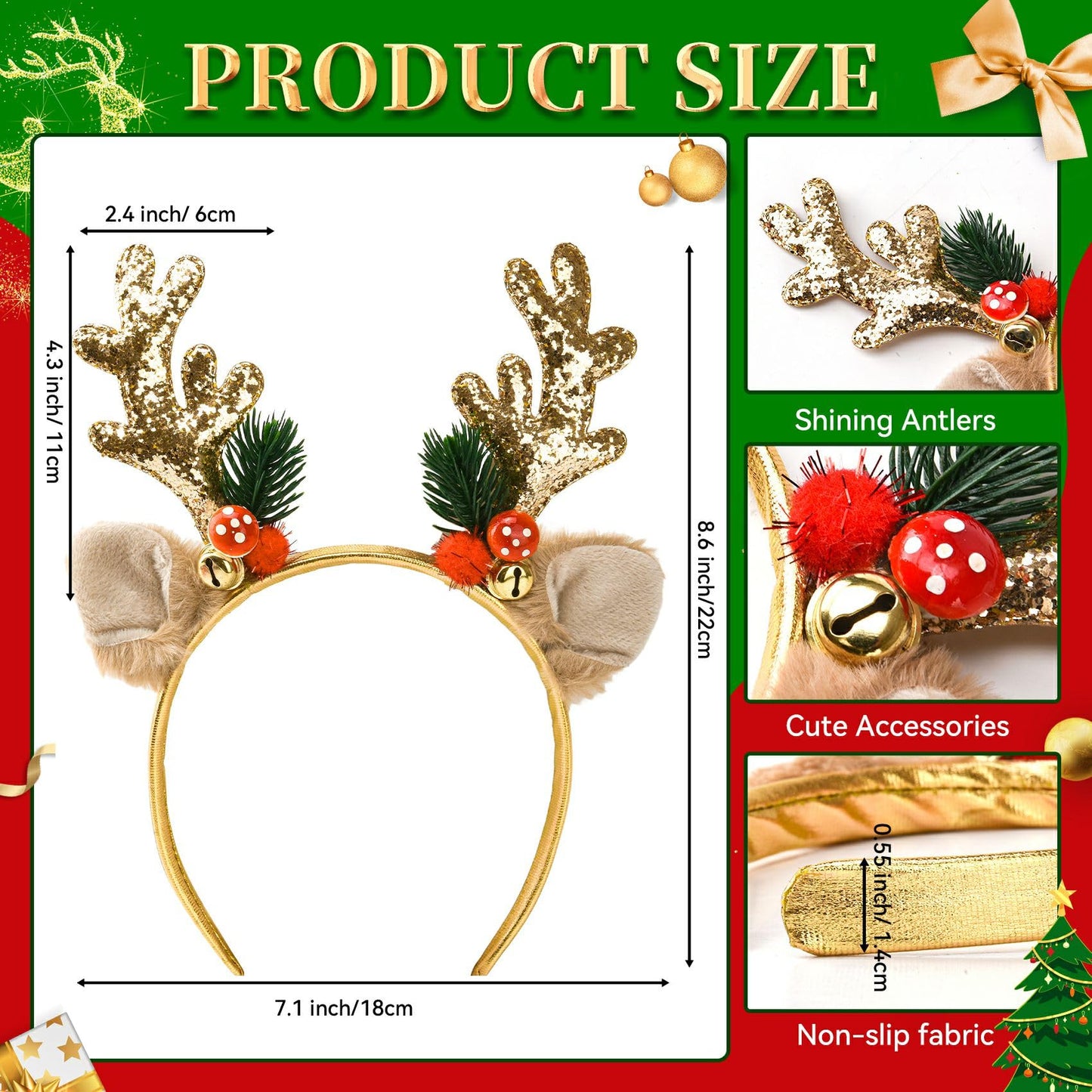 Ychelhr Christmas Headbands, Christmas Glitter Elk Antlers Headbands, Cute Xmas Hair Bands Holiday Party Gift for Girls Women (Gold)