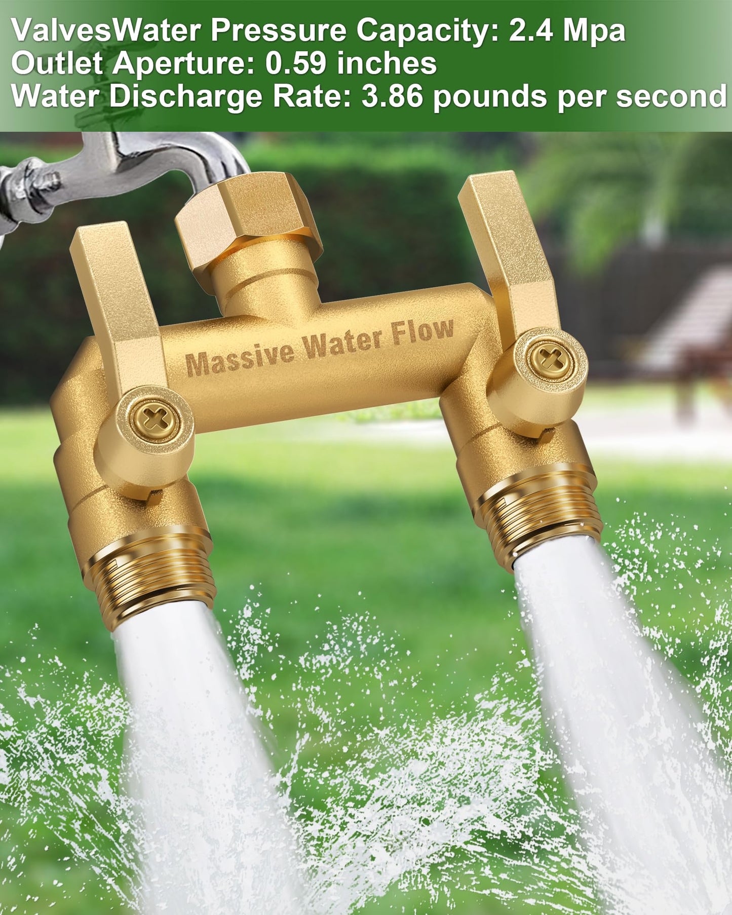 Hose Splitter 2 Way Heavy Duty, Solid Brass Full Flow Outdoor Faucet and Garden Hose Splitters, Water Spigot Splitter T Adapter, All Metal Water Connector with Shut-Off Valve, 3/4 - Inch GHT Thread