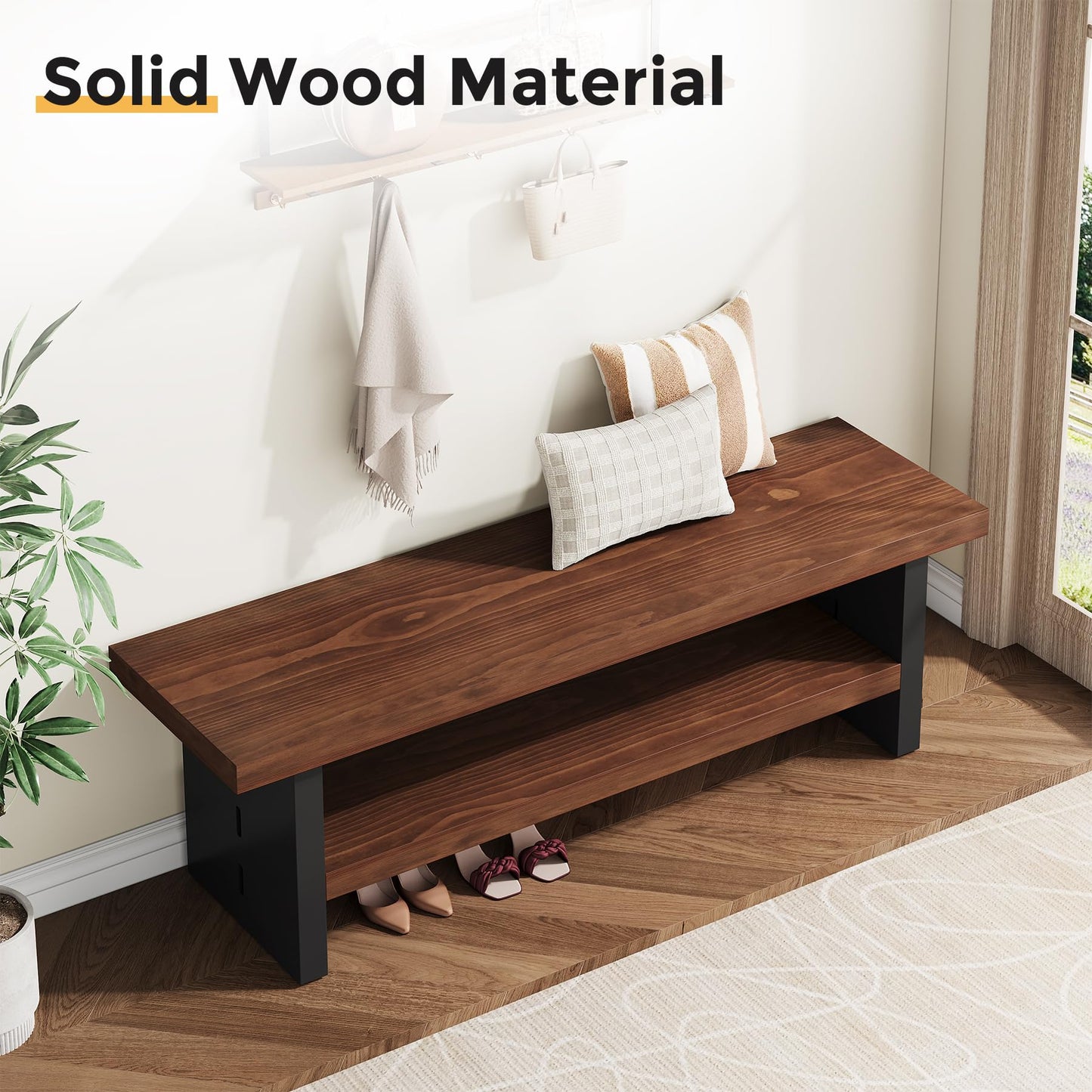Condemo 47" Solid Wood Entryway Bench with Shoe Storage, 2-Tier Modern Farmhouse Hallway Bench with Open Shelf for Bedroom, Dining Room, Mudroom, Easy Assembly, Dark Walnut & Black