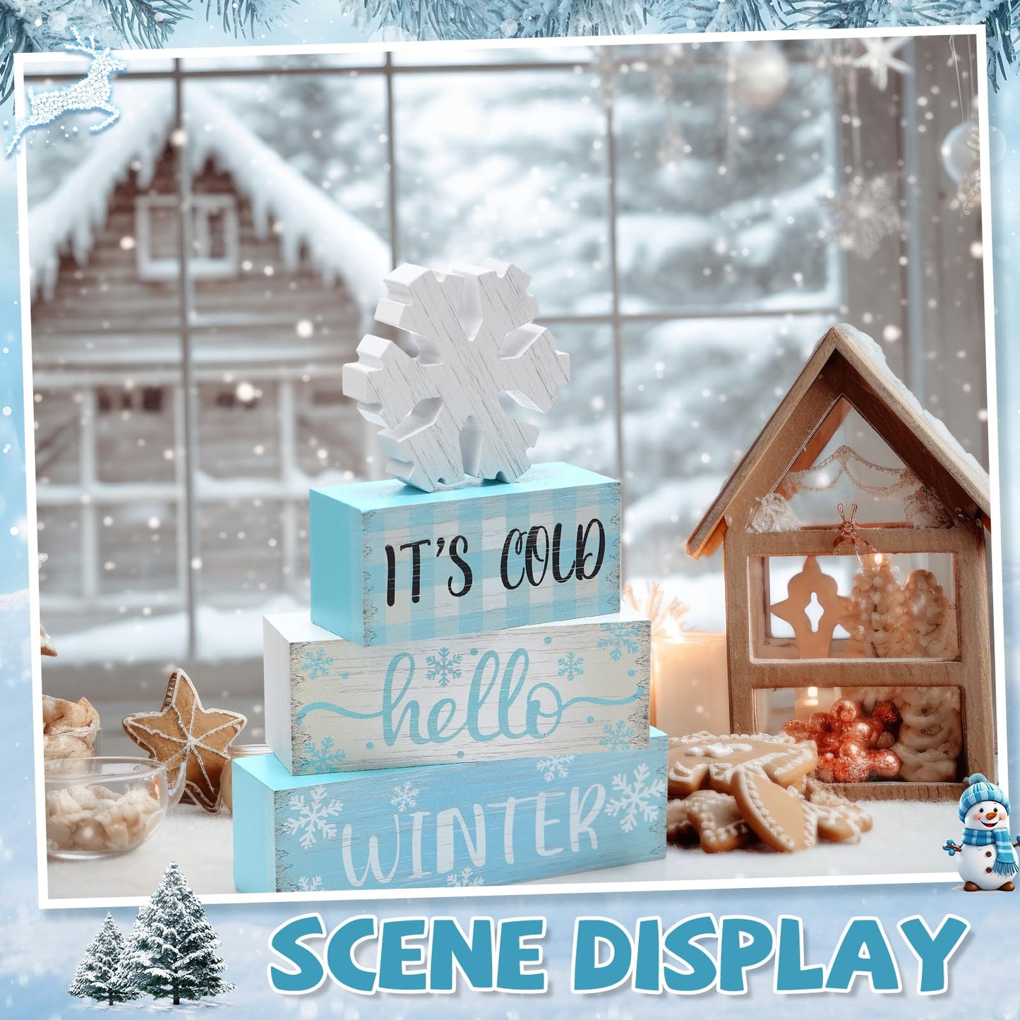 4 Pcs Christmas Winter Table Decorations,Rustic Winter Signs for Home Decor,Farmhouse Snowflake Home, Snowflake Tiered Tray Christmas Centerpiece, Wonderland Decor for Office, Shelf