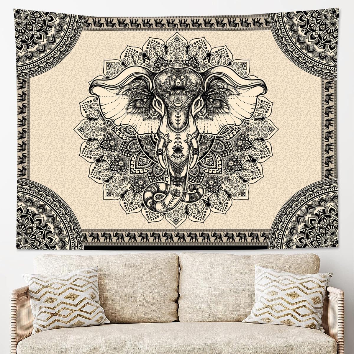 AACKart Mandala Elephant Wall Tapestry, Bohemian Hippie Boho Trippy Indie Aesthetic Home Tapestry, Black Yoga Mystic Vintage Wall Hanging for Bedroom Living Rooms College Dorm Studios-59x51 Inches