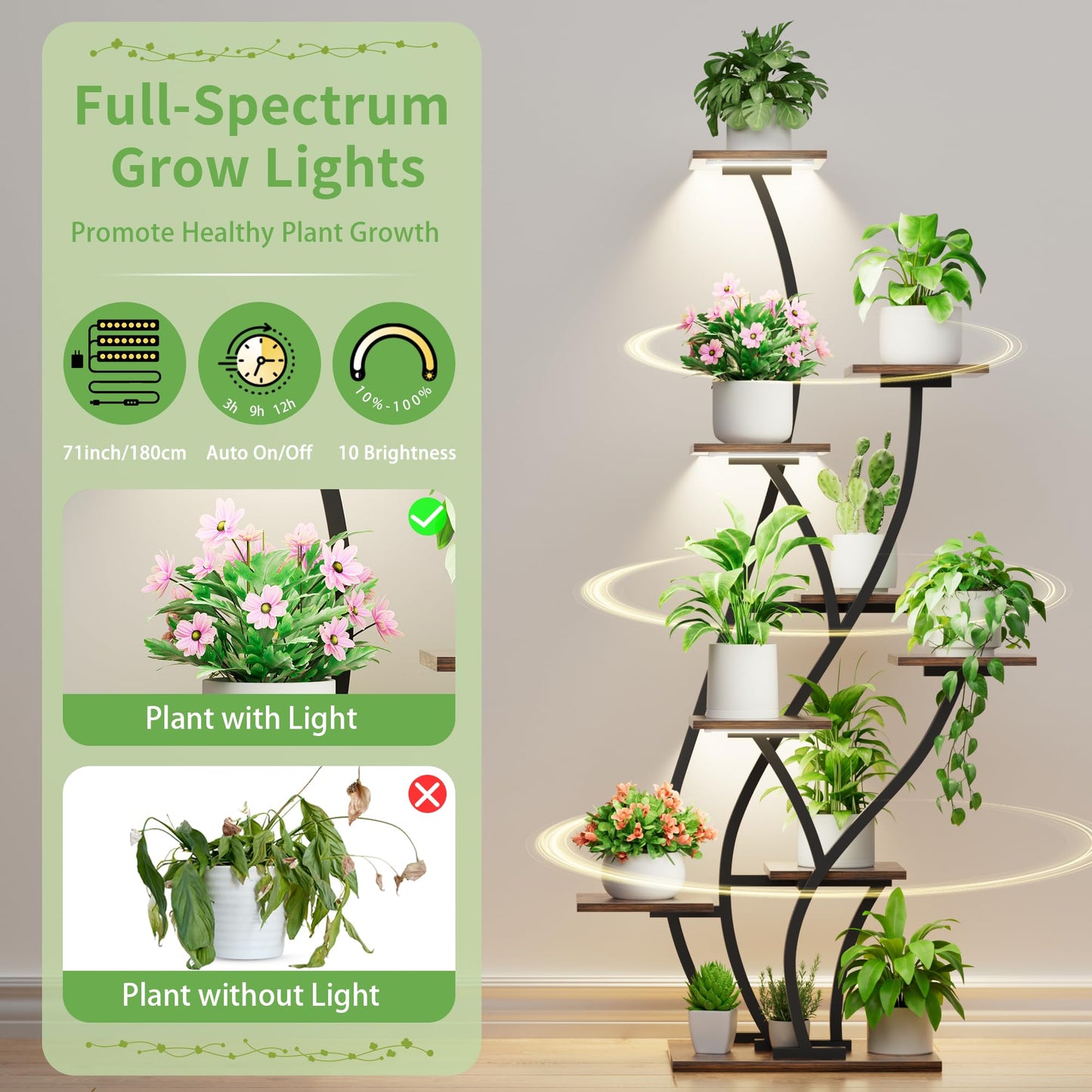 Plant Stand Indoor with Grow Lights - Lighted Plant Shelf Indoor Tall, 61" 9 Tier Large Plant Stands for Indoor Growing, 2 Pack Corner Flower Shelf, Winged Metal Holder for Home Living Room, Black