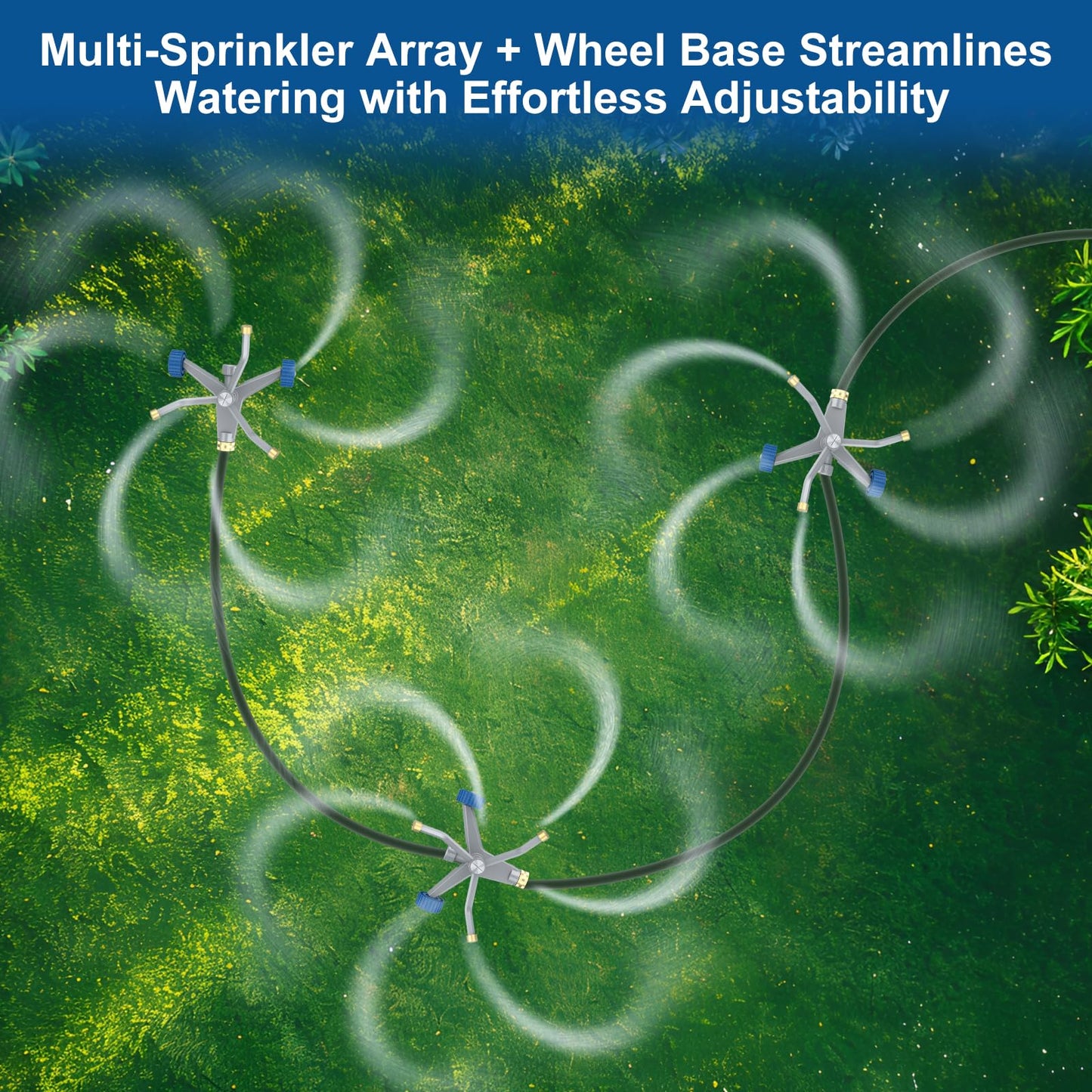 Hydrowe Sprinklers for Yard, 3-Arm Metal Sprinkler with Wheel Base, 360-degree Automatic Rotary Lawn Sprinkler System for Garden Yard