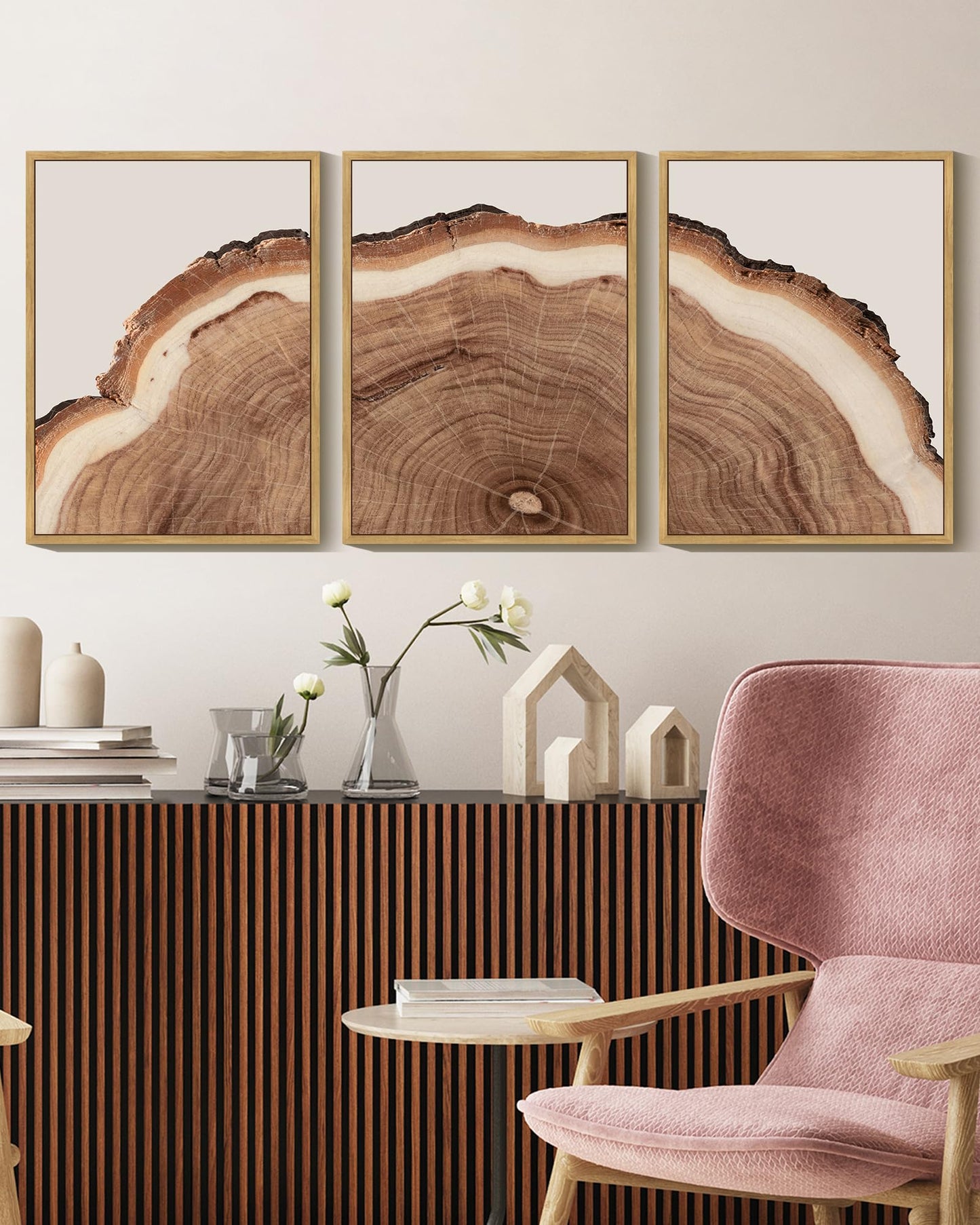 KUVIOKE Framed Tree Rings Wood Wall Art Modern Retro Beige Wood Stump Wall Decor Nature Rustic Artwork for Farmhouse Living Room Bedroom Decor 12x16in (Natural Framed)
