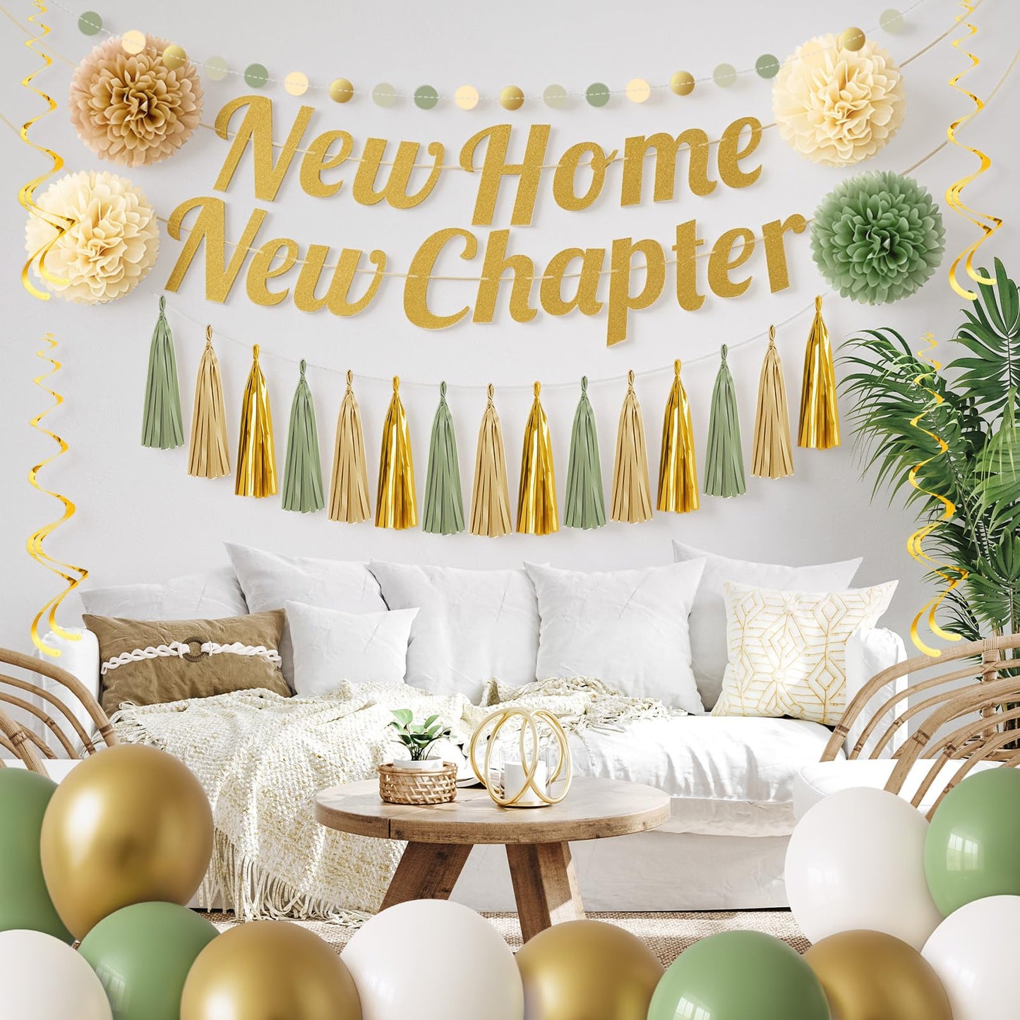 New Home New Chapter Housewarming Decorations Set, Sage Green Gold Boho Welcome Home Party Decor Kit with Banner, Balloons, Tassels & Garland