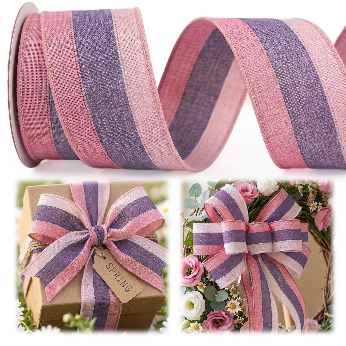 Vickasi Holiday Bow Ribbons for Holiday Birthday Accessory Decor, Spring Pink Purple Stripe Wired Edge Ribbons for Bow Making, Baby Shower Ribbon Bows